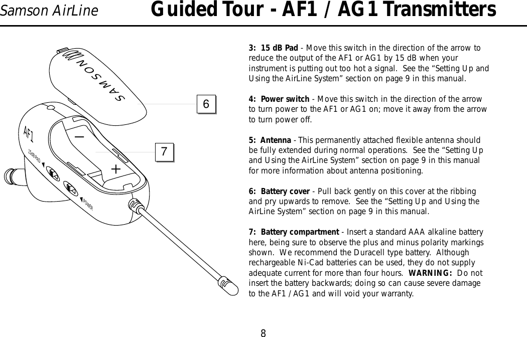 Guided Tour - AF1 / AG1 Transmitters8Samson AirLine3:  15 dB Pad - Move this switch in the direction of the arrow toreduce the output of the AF1 or AG1 by 15 dB when yourinstrument is putting out too hot a signal.  See the “Setting Up andUsing the AirLine System” section on page 9 in this manual.4:  Power switch - Move this switch in the direction of the arrowto turn power to the AF1 or AG1 on; move it away from the arrowto turn power off.5:  Antenna - This permanently attached flexible antenna shouldbe fully extended during normal operations.  See the “Setting Upand Using the AirLine System” section on page 9 in this manualfor more information about antenna positioning.6:  Battery cover - Pull back gently on this cover at the ribbingand pry upwards to remove.  See the “Setting Up and Using theAirLine System” section on page 9 in this manual.7:  Battery compartment - Insert a standard AAA alkaline batteryhere, being sure to observe the plus and minus polarity markingsshown.  We recommend the Duracell type battery.  Althoughrechargeable Ni-Cad batteries can be used, they do not supplyadequate current for more than four hours.  WARNING:  Do notinsert the battery backwards; doing so can cause severe damageto the AF1 / AG1 and will void your warranty.ENGLISHSAMSONPOWER15dB PADAF176