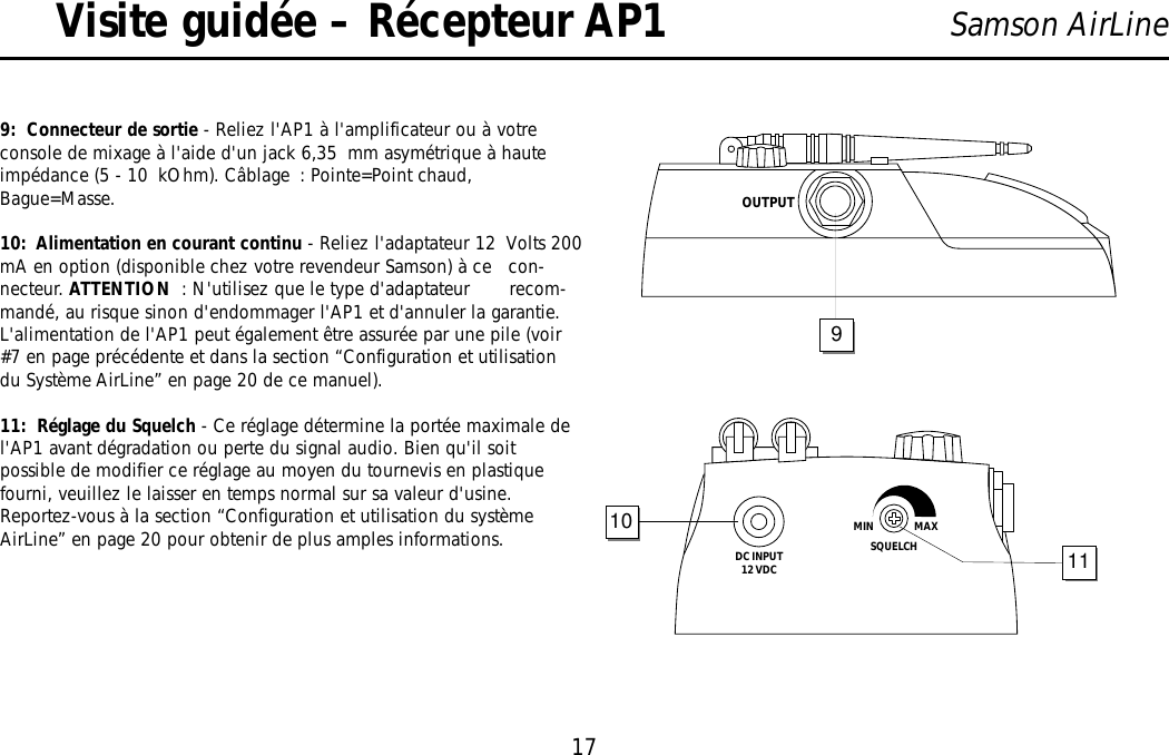 17Samson AirLineVisite guidée – Récepteur AP19:  Connecteur de sortie - Reliez l&apos;AP1 à l&apos;amplificateur ou à votreconsole de mixage à l&apos;aide d&apos;un jack 6,35 mm asymétrique à hauteimpédance (5 - 10 kOhm). Câblage : Pointe=Point chaud,Bague=Masse.10:  Alimentation en courant continu - Reliez l&apos;adaptateur 12 Volts 200mA en option (disponible chez votre revendeur Samson) à ce   con-necteur. ATTENTION : N&apos;utilisez que le type d&apos;adaptateur       recom-mandé, au risque sinon d&apos;endommager l&apos;AP1 et d&apos;annuler la garantie.L&apos;alimentation de l&apos;AP1 peut également être assurée par une pile (voir#7 en page précédente et dans la section “Configuration et utilisationdu Système AirLine” en page 20 de ce manuel).11:  Réglage du Squelch - Ce réglage détermine la portée maximale del&apos;AP1 avant dégradation ou perte du signal audio. Bien qu&apos;il soitpossible de modifier ce réglage au moyen du tournevis en plastiquefourni, veuillez le laisser en temps normal sur sa valeur d&apos;usine.Reportez-vous à la section “Configuration et utilisation du systèmeAirLine” en page 20 pour obtenir de plus amples informations.DC INPUT12 VDCSQUELCHMIN                  MAX1011OUTPUT9FRANÇAIS