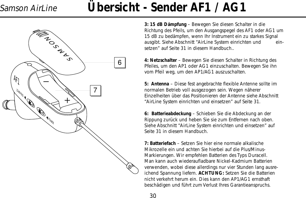 Übersicht - Sender AF1 / AG130Samson AirLine3: 15 dB Dämpfung – Bewegen Sie diesen Schalter in dieRichtung des Pfeils, um den Ausgangspegel des AF1 oder AG1 um15 dB zu bedämpfen, wenn Ihr Instrument ein zu starkes Signalausgibt. Siehe Abschnitt “AirLine System einrichten und          ein-setzen” auf Seite 31 in diesem Handbuch..4: Netzschalter – Bewegen Sie diesen Schalter in Richtung desPfeiles, um den AP1 oder AG1 einzuschalten. Bewegen Sie ihnvom Pfeil weg, um den AP1/AG1 auszuschalten.5:  Antenna – Diese fest angebrachte flexible Antenne sollte imnormalen Betrieb voll ausgezogen sein. Wegen nähererEinzelheiten über das Positionieren der Antenne siehe Abschnitt“AirLine System einrichten und einsetzen” auf Seite 31.6:  Batterieabdeckung – Schieben Sie die Abdeckung an derRippung zurück und heben Sie sie zum Entfernen nach oben.Siehe Abschnitt “AirLine System einrichten und einsetzen” aufSeite 31 in diesem Handbuch.7: Batteriefach – Setzen Sie hier eine normale alkalischeMikrozelle ein und achten Sie hierbei auf die Plus/Minus-Markierungen. Wir empfehlen Batterien des Typs Duracell.Man kann auch wiederaufladbare Nickel-Kadmium Batterienverwenden, wobei diese allerdings nur vier Stunden lang ausre-ichend Spannung liefern. ACHTUNG: Setzen Sie die Batteriennicht verkehrt herum ein. Dies kann den AP1/AG1 ernsthaftbeschädigen und führt zum Verlust Ihres Garantieanspruchs.SAMSONPOWER15dB PADAF176DEUTSCHE