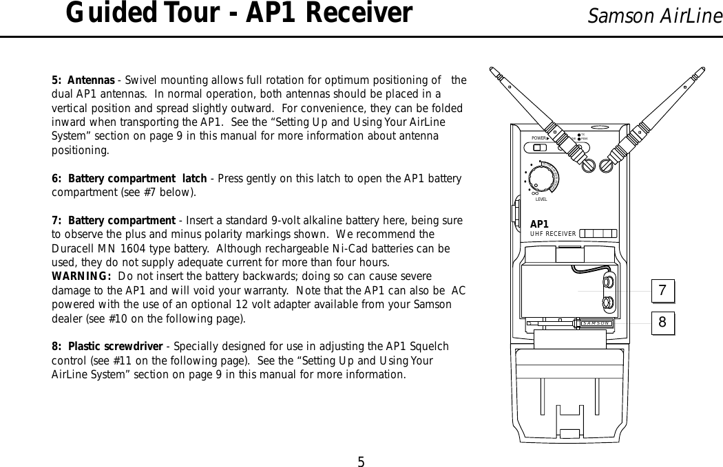 5:  Antennas - Swivel mounting allows full rotation for optimum positioning of   thedual AP1 antennas.  In normal operation, both antennas should be placed in avertical position and spread slightly outward.  For convenience, they can be foldedinward when transporting the AP1.  See the “Setting Up and Using Your AirLineSystem” section on page 9 in this manual for more information about antennapositioning.6:  Battery compartment  latch - Press gently on this latch to open the AP1 batterycompartment (see #7 below).7:  Battery compartment - Insert a standard 9-volt alkaline battery here, being sureto observe the plus and minus polarity markings shown.  We recommend theDuracell MN 1604 type battery.  Although rechargeable Ni-Cad batteries can beused, they do not supply adequate current for more than four hours.  WARNING:  Do not insert the battery backwards; doing so can cause severedamage to the AP1 and will void your warranty.  Note that the AP1 can also be  ACpowered with the use of an optional 12 volt adapter available from your Samsondealer (see #10 on the following page).8:  Plastic screwdriver - Specially designed for use in adjusting the AP1 Squelchcontrol (see #11 on the following page).  See the “Setting Up and Using YourAirLine System” section on page 9 in this manual for more information.5Samson AirLineGuided Tour - AP1 ReceiverENGLISHAP1UHF RECEIVERLEVELPOWER∞ACTIVE&amp;HILEVELPICKUPS•••••BATT. LOWON PEAKTXSAMSON78