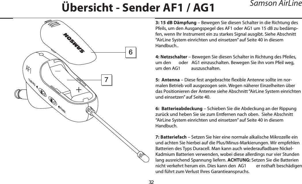 Samson AirLineÜbersicht - Sender AF1 / AG13: 15 dB Dämpfung – Bewegen Sie diesen Schalter in die Richtung des Pfeils, um den Ausgangspegel des AF1 oder AG1 um 15 dB zu bedämp-fen, wenn Ihr Instrument ein zu starkes Signal ausgibt. Siehe Abschnitt “AirLine System einrichten und einsetzen” auf Seite 40 in diesem Handbuch..4: Netzschalter – Bewegen Sie diesen Schalter in Richtung des Pfeiles, um den   oder  AG1 einzuschalten. Bewegen Sie ihn vom Pfeil weg, um den AG1  auszuschalten.5:  Antenna – Diese fest angebrachte flexible Antenne sollte im nor-malen Betrieb voll ausgezogen sein. Wegen näherer Einzelheiten über das Positionieren der Antenne siehe Abschnitt “AirLine System einrichten und einsetzen” auf Seite 40.6:  Batterieabdeckung – Schieben Sie die Abdeckung an der Rippung zurück und heben Sie sie zum Entfernen nach oben.  Siehe Abschnitt “AirLine System einrichten und einsetzen” auf Seite 40 in diesem Handbuch.7: Batteriefach – Setzen Sie hier eine normale alkalische Mikrozelle ein und achten Sie hierbei auf die Plus/Minus-Markierungen. Wir empfehlen Batterien des Typs Duracell. Man kann auch wiederaufladbare Nickel-Kadmium Batterien verwenden, wobei diese allerdings nur vier Stunden lang ausreichend Spannung liefern. ACHTUNG: Setzen Sie die Batterien nicht verkehrt herum ein. Dies kann den  AG1 er nsthaft beschädigen und führt zum Verlust Ihres Garantieanspruchs.POWER15dB PADAF176DEUTSCHE32
