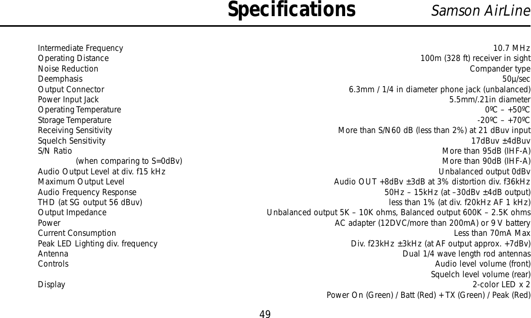 Intermediate Frequency 10.7 MHzOperating Distance 100m (328 ft) receiver in sightNoise Reduction Compander typeDeemphasis 50µ/secOutput Connector 6.3mm / 1/4 in diameter phone jack (unbalanced)Power Input Jack 5.5mm/.21in diameterOperating Temperature 0ºC – +50ºCStorage Temperature -20ºC – +70ºCReceiving Sensitivity More than S/N60 dB (less than 2%) at 21 dBuv inputSquelch Sensitivity 17dBuv ±4dBuvS/N Ratio More than 95dB (IHF-A)(when comparing to S=0dBv) More than 90dB (IHF-A)Audio Output Level at div. f15 kHz Unbalanced output 0dBvMaximum Output Level Audio OUT +8dBv ±3dB at 3% distortion div. f36kHzAudio Frequency Response 50Hz – 15kHz (at –30dBv ±4dB output)THD (at SG output 56 dBuv) less than 1% (at div. f20kHz AF 1 kHz)Output Impedance Unbalanced output 5K – 10K ohms, Balanced output 600K – 2.5K ohmsPower AC adapter (12DVC/more than 200mA) or 9 V batteryCurrent Consumption Less than 70mA MaxPeak LED Lighting div. frequency Div. f23kHz ±3kHz (at AF output approx. +7dBv)Antenna Dual 1/4 wave length rod antennasControls Audio level volume (front)Squelch level volume (rear)Display 2-color LED x 2Power On (Green) / Batt (Red) + TX (Green) / Peak (Red)Specifications49Samson AirLine