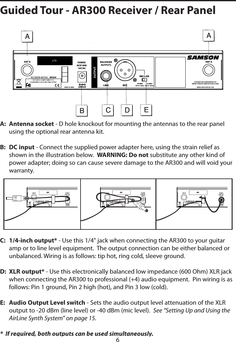 A:   Antenna socket - D hole knockout for mounting the antennas to the rear panel using the optional rear antenna kit.B:   DC input - Connect the supplied power adapter here, using the strain relief as shown in the illustration below.  WARNING: Do not substitute any other kind of power adapter; doing so can cause severe damage to the AR300 and will void your  warranty.C:    1/4-inch output* - Use this 1/4&quot; jack when connecting the AR300 to your guitar amp or to line level equipment.  The output connection can be either balanced or unbalanced. Wiring is as follows: tip hot, ring cold, sleeve ground.D:   XLR output* - Use this electronically balanced low impedance (600 Ohm) XLR jack when connecting the AR300 to professional (+4) audio equipment.  Pin wiring is as follows: Pin 1 ground, Pin 2 high (hot), and Pin 3 low (cold).E:    Audio Output Level switch - Sets the audio output level attenuation of the XLR output to -20 dBm (line level) or -40 dBm (mic level).  See “Setting Up and Using the AirLine Synth System” on page 15.*  If required, both outputs can be used simultaneously.ABDAECGuided Tour - AR300 Receiver / Rear Panel- 6