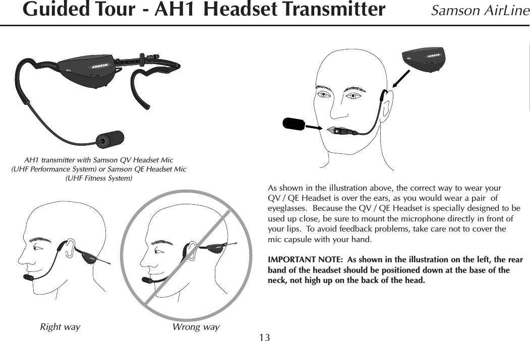 13Samson AirLineGuided Tour - AH1 Headset TransmitterAH1As shown in the illustration above, the correct way to wear yourQV / QE Headset is over the ears, as you would wear a pair  ofeyeglasses.  Because the QV / QE Headset is specially designed to beused up close, be sure to mount the microphone directly in front ofyour lips.  To avoid feedback problems, take care not to cover themic capsule with your hand.IMPORTANT NOTE: As shown in the illustration on the left, the rearband of the headset should be positioned down at the base of theneck, not high up on the back of the head.AH1 transmitter with Samson QV Headset Mic (UHF Performance System) or Samson QE Headset Mic(UHF Fitness System)ENGLISHRight way Wrong way