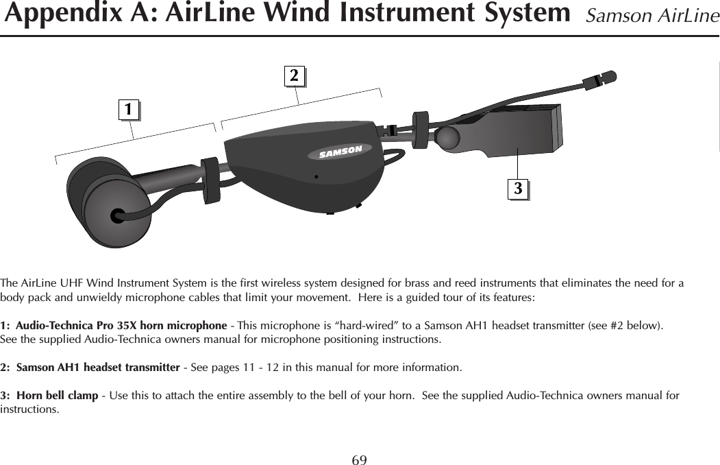The AirLine UHF Wind Instrument System is the first wireless system designed for brass and reed instruments that eliminates the need for abody pack and unwieldy microphone cables that limit your movement.  Here is a guided tour of its features:1:  Audio-Technica Pro 35X horn microphone - This microphone is “hard-wired” to a Samson AH1 headset transmitter (see #2 below).See the supplied Audio-Technica owners manual for microphone positioning instructions.2:  Samson AH1 headset transmitter - See pages 11 - 12 in this manual for more information.3:  Horn bell clamp - Use this to attach the entire assembly to the bell of your horn.  See the supplied Audio-Technica owners manual forinstructions.69Samson AirLineAppendix A: AirLine Wind Instrument SystemENGLISH