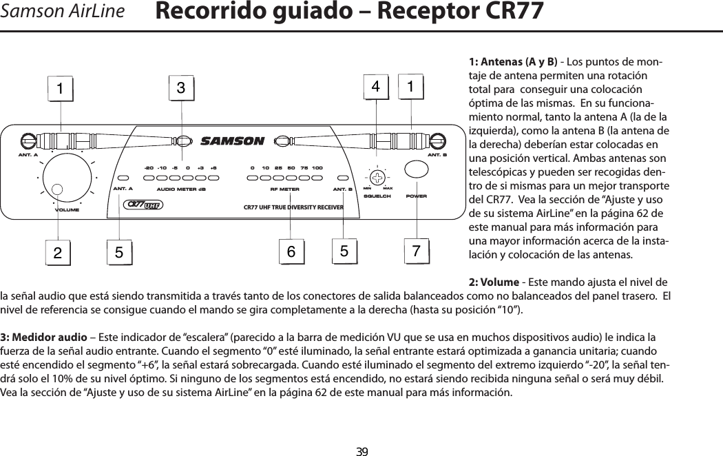 1: Antenas (A y B) - Los puntos de mon-taje de antena permiten una rotación total para  conseguir una colocación óptima de las mismas.  En su funciona-miento normal, tanto la antena A (la de la izquierda), como la antena B (la antena de la derecha) deberían estar colocadas en una posición vertical. Ambas antenas son telescópicas y pueden ser recogidas den-tro de si mismas para un mejor transporte del CR77.  Vea la sección de “Ajuste y uso de su sistema AirLine” en la página 62 de este manual para más información para una mayor información acerca de la insta-lación y colocación de las antenas.2: Volume - Este mando ajusta el nivel de la señal audio que está siendo transmitida a través tanto de los conectores de salida balanceados como no balanceados del panel trasero.  El nivel de referencia se consigue cuando el mando se gira completamente a la derecha (hasta su posición “10”).3: Medidor audio – Este indicador de “escalera” (parecido a la barra de medición VU que se usa en muchos dispositivos audio) le indica la fuerza de la señal audio entrante. Cuando el segmento “0” esté iluminado, la señal entrante estará optimizada a ganancia unitaria; cuando esté encendido el segmento “+6”, la señal estará sobrecargada. Cuando esté iluminado el segmento del extremo izquierdo “-20”, la señal ten-drá solo el 10% de su nivel óptimo. Si ninguno de los segmentos está encendido, no estará siendo recibida ninguna señal o será muy débil.  Vea la sección de “Ajuste y uso de su sistema AirLine” en la página 62 de este manual para más información.Samson AirLine Recorrido guiado – Receptor CR77123455176ANT. A ANT. BVOLUMEPOWERRF METERAUDIO METER dB0 10 25 50 75 1000 +3 +6-5-10-20ANT. A ANT. BSQUELCHMINCR77 UHF TRUE DIVERSITY RECEIVERMAXESPAÑOL  39