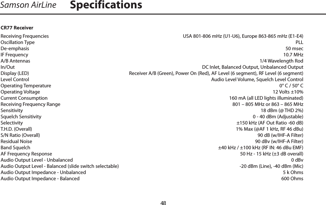 Samson AirLine SpecificationsCR77 ReceiverReceiving Frequencies    USA 801-806 mHz (U1-U6), Europe 863-865 mHz (E1-E4)Oscillation Type    PLLDe-emphasis    50 msecIF Frequency    10.7 MHzA/B Antennas    1/4 Wavelength RodIn/Out  DC Inlet, Balanced Output, Unbalanced OutputDisplay (LED)  Receiver A/B (Green), Power On (Red), AF Level (6 segment), RF Level (6 segment)Level Control  Audio Level Volume, Squelch Level ControlOperating Temperature    0° C / 50° COperating Voltage      12 Volts ±10%Current Consumption      160 mA (all LED lights illuminated)Receiving Frequency Range    801 – 805 MHz or 863 – 865 MHzSensitivity      18 dBm (@ THD 2%)Squelch Sensitivity      0 - 40 dBm (Adjustable)Selectivity    ±150 kHz (AF Out Ratio -60 dB)T.H.D. (Overall)    1% Max (@AF 1 kHz, RF 46 dBu)S/N Ratio (Overall)    90 dB (w/IHF-A Filter)Residual Noise    90 dBv (w/IHF-A Filter)Band Squelch  ±40 kHz / ±100 kHz (RF IN: 46 dBu EMF)AF Frequency Response    50 Hz - 15 kHz (±3 dB overall)Audio Output Level - Unbalanced    0 dBvAudio Output Level - Balanced (slide switch selectable)    -20 dBm (Line), -40 dBm (Mic)Audio Output Impedance - Unbalanced    5 k OhmsAudio Output Impedance - Balanced   600 Ohms  48