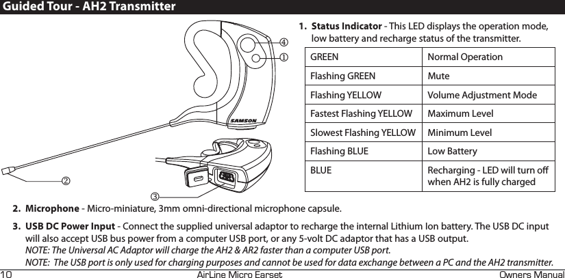 +4+0&apos;+%41#45&apos;6 90&apos;45#07#.EN2. Microphone - Micro-miniature, 3mm omni-directional microphone capsule.3.  USB DC Power Input - Connect the supplied universal adaptor to recharge the internal Lithium Ion battery. The USB DC input will also accept USB bus power from a computer USB port, or any 5-volt DC adaptor that has a USB output.  NOTE: The Universal AC Adaptor will charge the AH2 &amp; AR2 faster than a computer USB port. NOTE:  The USB port is only used for charging purposes and cannot be used for data exchange between a PC and the AH2 transmitter.1. Status Indicator - This LED displays the operation mode, low battery and recharge status of the transmitter.Guided Tour - AH2 TransmitterPMNOGREEN Normal OperationFlashing GREEN MuteFlashing YELLOW Volume Adjustment ModeFastest Flashing YELLOW Maximum LevelSlowest Flashing YELLOW Minimum LevelFlashing BLUE Low BatteryBLUE Recharging - LED will turn o when AH2 is fully charged