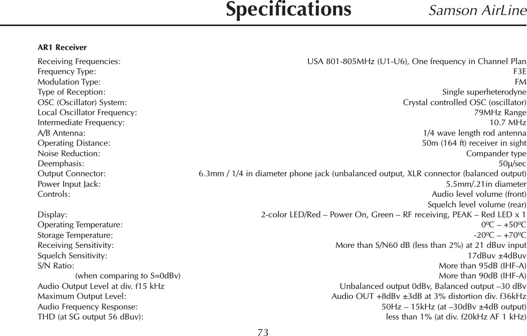 Samson AirLine73AR1 ReceiverReceiving Frequencies: USA 801-805MHz (U1-U6), One frequency in Channel PlanFrequency Type: F3EModulation Type: FMType of Reception: Single superheterodyneOSC (Oscillator) System: Crystal controlled OSC (oscillator)Local Oscillator Frequency: 79MHz RangeIntermediate Frequency: 10.7 MHzA/B Antenna: 1/4 wave length rod antennaOperating Distance: 50m (164 ft) receiver in sightNoise Reduction: Compander typeDeemphasis: 50µ/secOutput Connector: 6.3mm / 1/4 in diameter phone jack (unbalanced output, XLR connector (balanced output)Power Input Jack: 5.5mm/.21in diameterControls: Audio level volume (front)Squelch level volume (rear)Display: 2-color LED/Red – Power On, Green – RF receiving, PEAK – Red LED x 1Operating Temperature: 0ºC – +50ºCStorage Temperature: -20ºC – +70ºCReceiving Sensitivity: More than S/N60 dB (less than 2%) at 21 dBuv inputSquelch Sensitivity: 17dBuv ±4dBuvS/N Ratio: More than 95dB (IHF-A)(when comparing to S=0dBv) More than 90dB (IHF-A)Audio Output Level at div. f15 kHz Unbalanced output 0dBv, Balanced output –30 dBvMaximum Output Level: Audio OUT +8dBv ±3dB at 3% distortion div. f36kHzAudio Frequency Response: 50Hz – 15kHz (at –30dBv ±4dB output)THD (at SG output 56 dBuv): less than 1% (at div. f20kHz AF 1 kHz)Specifications