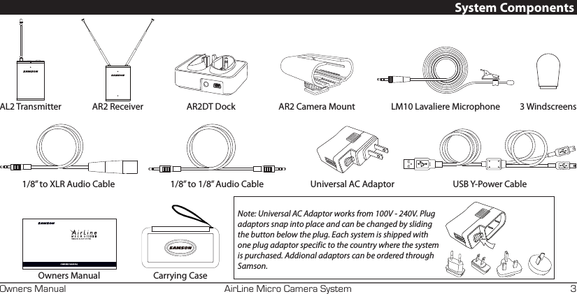 AirLine Micro Camera SystemOwners Manual 3System ComponentsUniversal AC Adaptor1/8” to 1/8” Audio Cable1/8” to XLR Audio Cable USB Y-Power CableCarrying CaseOwners ManualNote: Universal AC Adaptor works from 100V - 240V. Plug adaptors snap into place and can be changed by sliding the button below the plug. Each system is shipped with one plug adaptor specific to the country where the system is purchased. Addional adaptors can be ordered through Samson. AL2 Transmitter AR2 Receiver AR2DT Dock AR2 Camera Mount LM10 Lavaliere Microphone 3 Windscreens