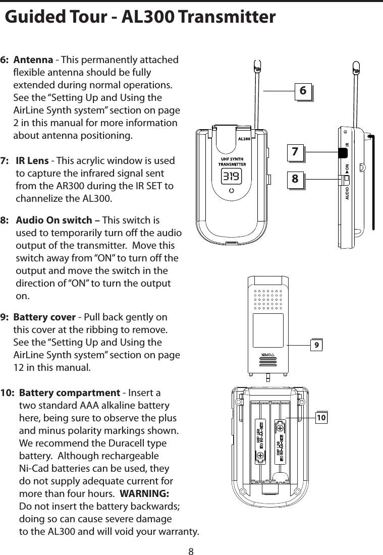 6:   Antenna - This permanently attached flexible antenna should be fully extended during normal operations.  See the “Setting Up and Using the AirLine Synth system” section on page 2 in this manual for more information about antenna positioning.7:   IR Lens - This acrylic window is used to capture the infrared signal sent from the AR300 during the IR SET to channelize the AL300.8:   Audio On switch – This switch is used to temporarily turn off the audio output of the transmitter.  Move this switch away from “ON” to turn off the output and move the switch in the direction of “ON” to turn the output on.9:   Battery cover - Pull back gently on this cover at the ribbing to remove.  See the “Setting Up and Using the AirLine Synth system” section on page 12 in this manual.10:   Battery compartment - Insert a two standard AAA alkaline battery here, being sure to observe the plus and minus polarity markings shown.  We recommend the Duracell type battery.  Although rechargeable Ni-Cad batteries can be used, they do not supply adequate current for more than four hours.  WARNING:  Do not insert the battery backwards; doing so can cause severe damage to the AL300 and will void your warranty.109Guided Tour - AL300 Transmitter6788