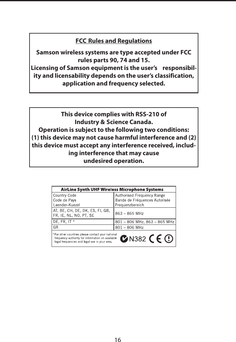 FCC Rules and RegulationsSamson wireless systems are type accepted under FCC rules parts 90, 74 and 15.Licensing of Samson equipment is the user’s    responsibil-ity and licensability depends on the user’s classification, application and frequency selected.This device complies with RSS-210 ofIndustry &amp; Science Canada.Operation is subject to the following two conditions:(1) this device may not cause harmful interference and (2) this device must accept any interference received, includ-ing interference that may cause undesired operation.16