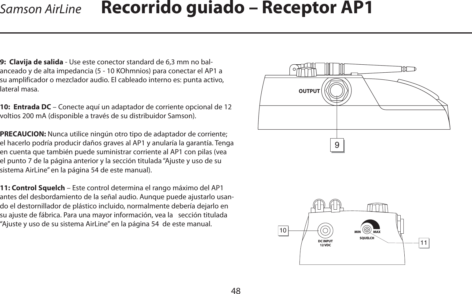 ESPAÑOL48Recorrido guiado – Receptor AP19:  Clavija de salida - Use este conector standard de 6,3 mm no bal-anceado y de alta impedancia (5 - 10 KOhmnios) para conectar el AP1 a su amplificador o mezclador audio. El cableado interno es: punta activo, lateral masa.10:  Entrada DC – Conecte aquí un adaptador de corriente opcional de 12 voltios 200 mA (disponible a través de su distribuidor Samson).  PRECAUCION: Nunca utilice ningún otro tipo de adaptador de corriente; el hacerlo podría producir daños graves al AP1 y anularía la garantía. Tenga en cuenta que también puede suministrar corriente al AP1 con pilas (vea el punto 7 de la página anterior y la sección titulada “Ajuste y uso de su sistema AirLine” en la página 54 de este manual).11: Control Squelch – Este control determina el rango máximo del AP1 antes del desbordamiento de la señal audio. Aunque puede ajustarlo usan-do el destornillador de plástico incluido, normalmente debería dejarlo en su ajuste de fábrica. Para una mayor información, vea la   sección titulada “Ajuste y uso de su sistema AirLine” en la página 54  de este manual.DC INPUT12 VDCSQUELCHMIN                  MAX1011OUTPUT9Samson AirLine