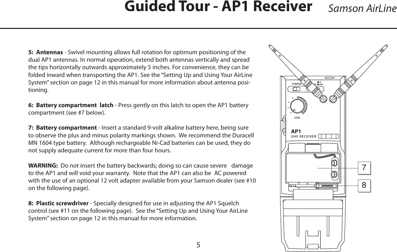 ENGLISH5:  Antennas - Swivel mounting allows full rotation for optimum positioning of the dual AP1 antennas. In normal operation, extend both antennas vertically and spread the tips horizontally outwards approximately 5 inches. For convenience, they can be folded inward when transporting the AP1. See the “Setting Up and Using Your AirLine System” section on page 12 in this manual for more information about antenna posi-tioning.6:  Battery compartment  latch - Press gently on this latch to open the AP1 battery compartment (see #7 below).7:  Battery compartment - Insert a standard 9-volt alkaline battery here, being sure to observe the plus and minus polarity markings shown.  We recommend the Duracell MN 1604 type battery.  Although rechargeable Ni-Cad batteries can be used, they do not supply adequate current for more than four hours.  WARNING:  Do not insert the battery backwards; doing so can cause severe   damage to the AP1 and will void your warranty.  Note that the AP1 can also be  AC powered with the use of an optional 12 volt adapter available from your Samson dealer (see #10 on the following page).8:  Plastic screwdriver - Specially designed for use in adjusting the AP1 Squelch control (see #11 on the following page).  See the “Setting Up and Using Your AirLine System” section on page 12 in this manual for more information.Samson AirLineGuided Tour - AP1 Receiver!05(&amp;2%#%)6%2,%6%,0/7%2!#4)6%(),%6%,0)#+503ssss&quot;!44,/7/.0%!+48785