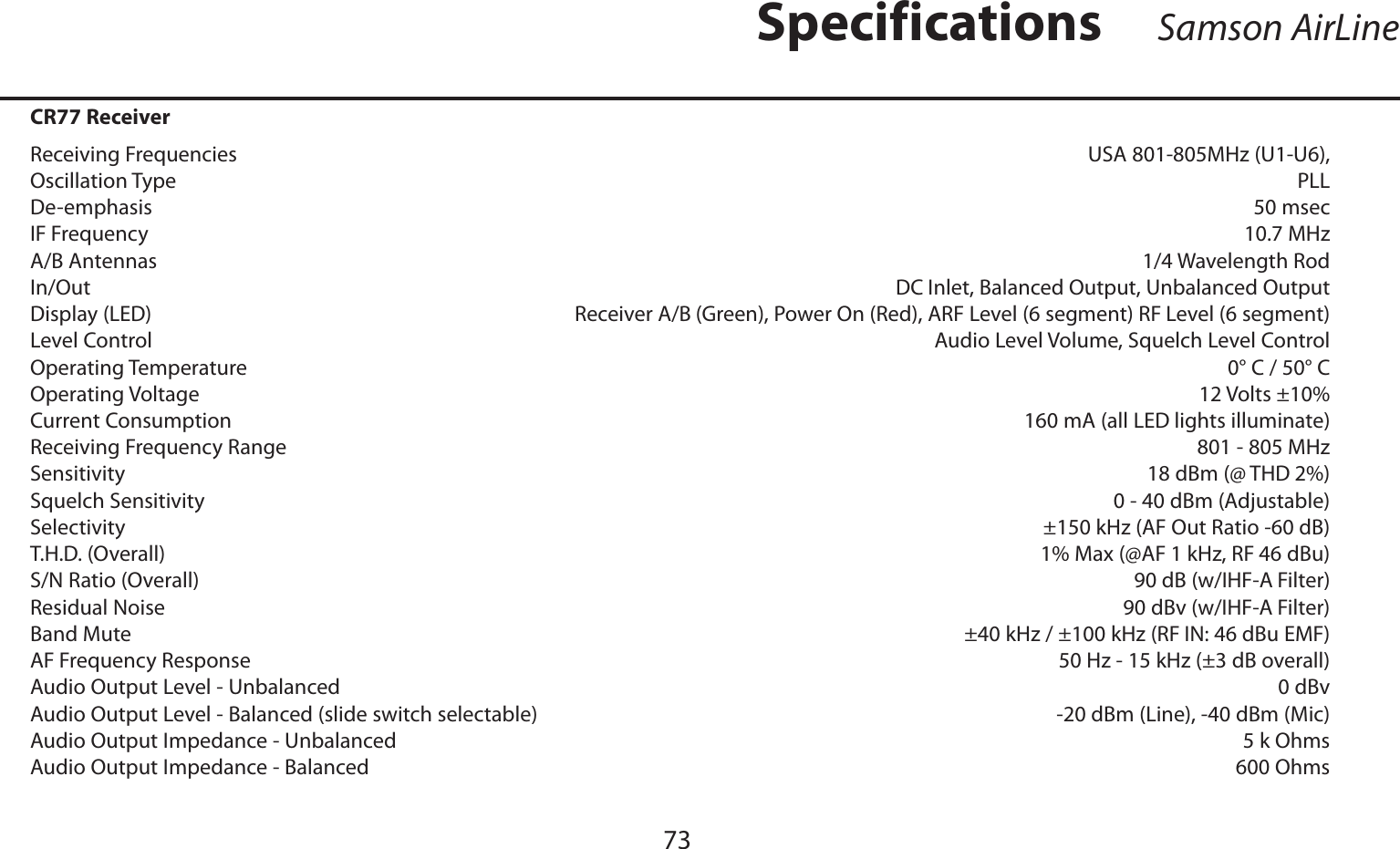 73CR77 ReceiverReceiving Frequencies    USA 801-805MHz (U1-U6), Oscillation Type PLLDe-emphasis 50 msecIF Frequency 10.7 MHzA/B Antennas 1/4 Wavelength RodIn/Out DC Inlet, Balanced Output, Unbalanced OutputDisplay (LED) Receiver A/B (Green), Power On (Red), ARF Level (6 segment) RF Level (6 segment)Level Control Audio Level Volume, Squelch Level ControlOperating Temperature 0° C / 50° COperating Voltage     12 Volts ±10%Current Consumption     160 mA (all LED lights illuminate)Receiving Frequency Range    801 - 805 MHzSensitivity   18 dBm (@ THD 2%)Squelch Sensitivity     0 - 40 dBm (Adjustable)Selectivity   ±150 kHz (AF Out Ratio -60 dB)T.H.D. (Overall) 1% Max (@AF 1 kHz, RF 46 dBu)S/N Ratio (Overall) 90 dB (w/IHF-A Filter)Residual Noise 90 dBv (w/IHF-A Filter)Band Mute ±40 kHz / ±100 kHz (RF IN: 46 dBu EMF)AF Frequency Response 50 Hz - 15 kHz (±3 dB overall)Audio Output Level - Unbalanced    0 dBvAudio Output Level - Balanced (slide switch selectable) -20 dBm (Line), -40 dBm (Mic)Audio Output Impedance - Unbalanced    5 k OhmsAudio Output Impedance - Balanced   600 OhmsSpecifications Samson AirLine