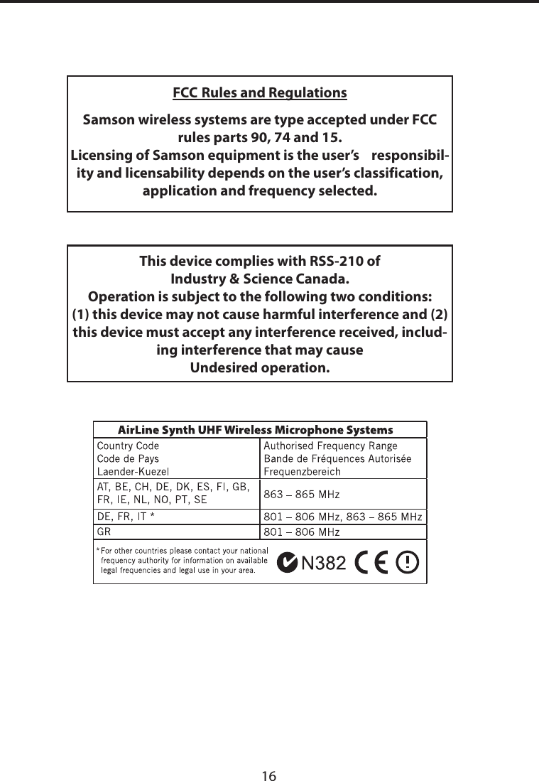 FCC Rules and RegulationsSamson wireless systems are type accepted under FCC rules parts 90, 74 and 15.Licensing of Samson equipment is the user’s    responsibil-ity and licensability depends on the user’s classification, application and frequency selected.This device complies with RSS-210 ofIndustry &amp; Science Canada.Operation is subject to the following two conditions:(1) this device may not cause harmful interference and (2) this device must accept any interference received, includ-ing interference that may cause Undesired operation.16