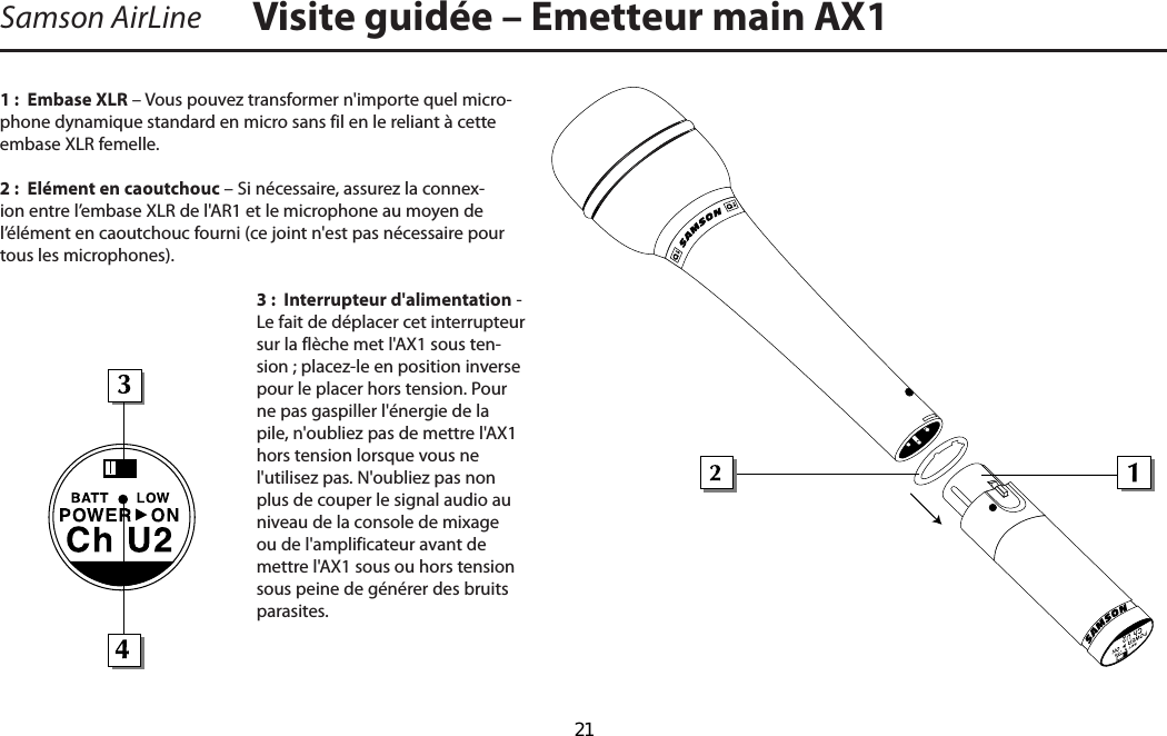 Visite guidée – Emetteur main AX1Samson AirLine1 :  Embase XLR – Vous pouvez transformer n&apos;importe quel micro-phone dynamique standard en micro sans fil en le reliant à cette embase XLR femelle.2 :  Elément en caoutchouc – Si nécessaire, assurez la connex-ion entre l’embase XLR de l&apos;AR1 et le microphone au moyen de l’élément en caoutchouc fourni (ce joint n&apos;est pas nécessaire pour tous les microphones).3 :  Interrupteur d&apos;alimentation - Le fait de déplacer cet interrupteur sur la flèche met l&apos;AX1 sous ten-sion ; placez-le en position inverse pour le placer hors tension. Pour ne pas gaspiller l&apos;énergie de la pile, n&apos;oubliez pas de mettre l&apos;AX1 hors tension lorsque vous ne   l&apos;utilisez pas. N&apos;oubliez pas non plus de couper le signal audio au niveau de la console de mixage ou de l&apos;amplificateur avant de mettre l&apos;AX1 sous ou hors tension sous peine de générer des bruits parasites.FRANÇAIS  21