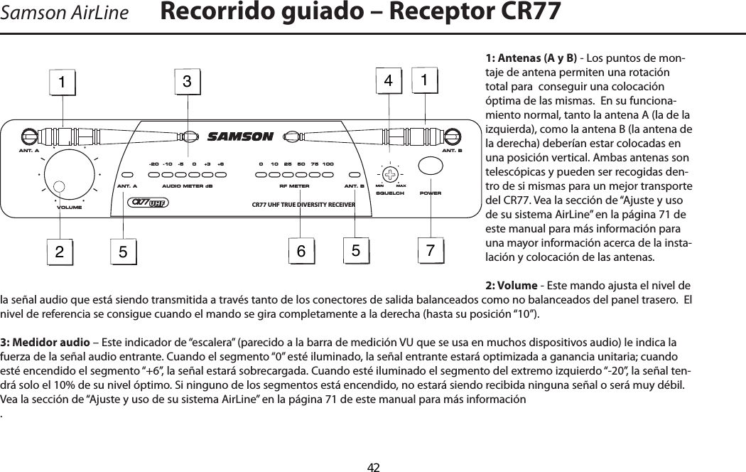 1: Antenas (A y B) - Los puntos de mon-taje de antena permiten una rotación total para  conseguir una colocación óptima de las mismas.  En su funciona-miento normal, tanto la antena A (la de la izquierda), como la antena B (la antena de la derecha) deberían estar colocadas en una posición vertical. Ambas antenas son telescópicas y pueden ser recogidas den-tro de si mismas para un mejor transporte del CR77. Vea la sección de “Ajuste y uso de su sistema AirLine” en la página 71 de este manual para más información para una mayor información acerca de la insta-lación y colocación de las antenas.2: Volume - Este mando ajusta el nivel de la señal audio que está siendo transmitida a través tanto de los conectores de salida balanceados como no balanceados del panel trasero.  El nivel de referencia se consigue cuando el mando se gira completamente a la derecha (hasta su posición “10”).3: Medidor audio – Este indicador de “escalera” (parecido a la barra de medición VU que se usa en muchos dispositivos audio) le indica la fuerza de la señal audio entrante. Cuando el segmento “0” esté iluminado, la señal entrante estará optimizada a ganancia unitaria; cuando esté encendido el segmento “+6”, la señal estará sobrecargada. Cuando esté iluminado el segmento del extremo izquierdo “-20”, la señal ten-drá solo el 10% de su nivel óptimo. Si ninguno de los segmentos está encendido, no estará siendo recibida ninguna señal o será muy débil.  Vea la sección de “Ajuste y uso de su sistema AirLine” en la página 71 de este manual para más información.Samson AirLine Recorrido guiado – Receptor CR77123455176ANT. A ANT. BVOLUMEPOWERRF METERAUDIO METER dB0 10 25 50 75 1000 +3 +6-5-10-20ANT. A ANT. BSQUELCHMINCR77 UHF TRUE DIVERSITY RECEIVERMAXESPAÑOL  42