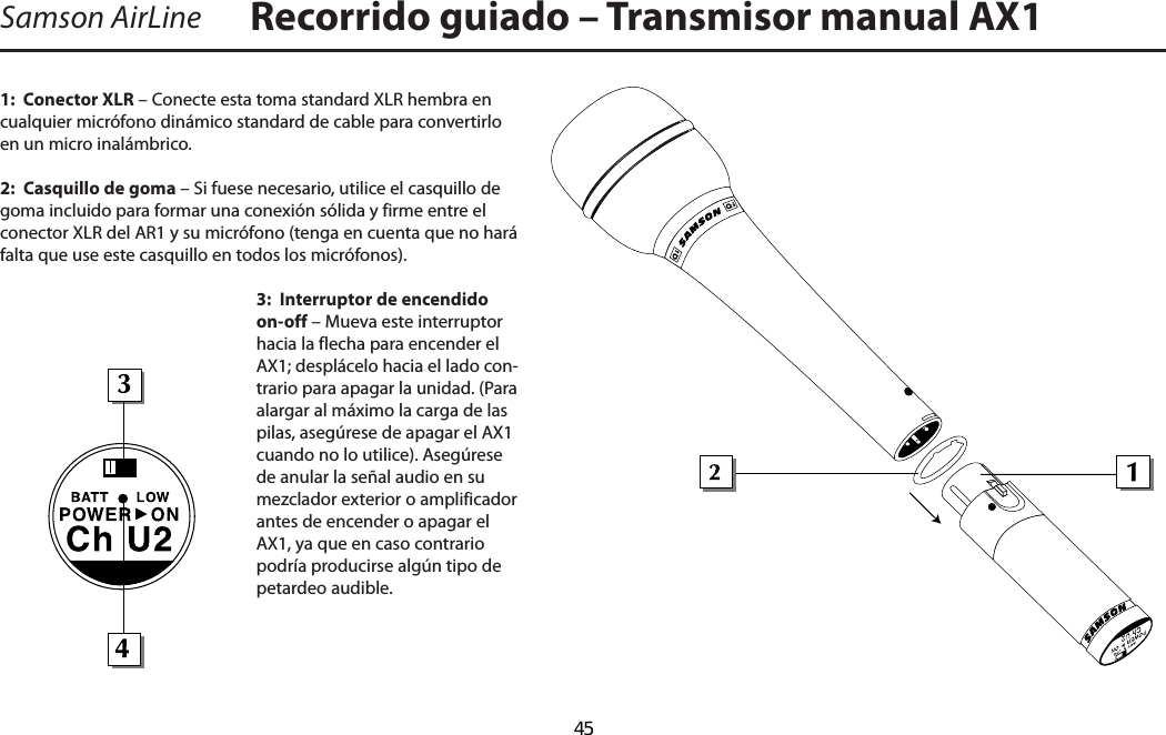 Recorrido guiado – Transmisor manual AX1Samson AirLine1:  Conector XLR – Conecte esta toma standard XLR hembra en cualquier micrófono dinámico standard de cable para convertirlo en un micro inalámbrico.2:  Casquillo de goma – Si fuese necesario, utilice el casquillo de goma incluido para formar una conexión sólida y firme entre el conector XLR del AR1 y su micrófono (tenga en cuenta que no hará falta que use este casquillo en todos los micrófonos).3:  Interruptor de encendido   on-off – Mueva este interruptor hacia la flecha para encender el AX1; desplácelo hacia el lado con-trario para apagar la unidad. (Para alargar al máximo la carga de las pilas, asegúrese de apagar el AX1 cuando no lo utilice). Asegúrese de anular la señal audio en su mezclador exterior o amplificador antes de encender o apagar el AX1, ya que en caso contrario podría producirse algún tipo de petardeo audible.ESPAÑOL  45