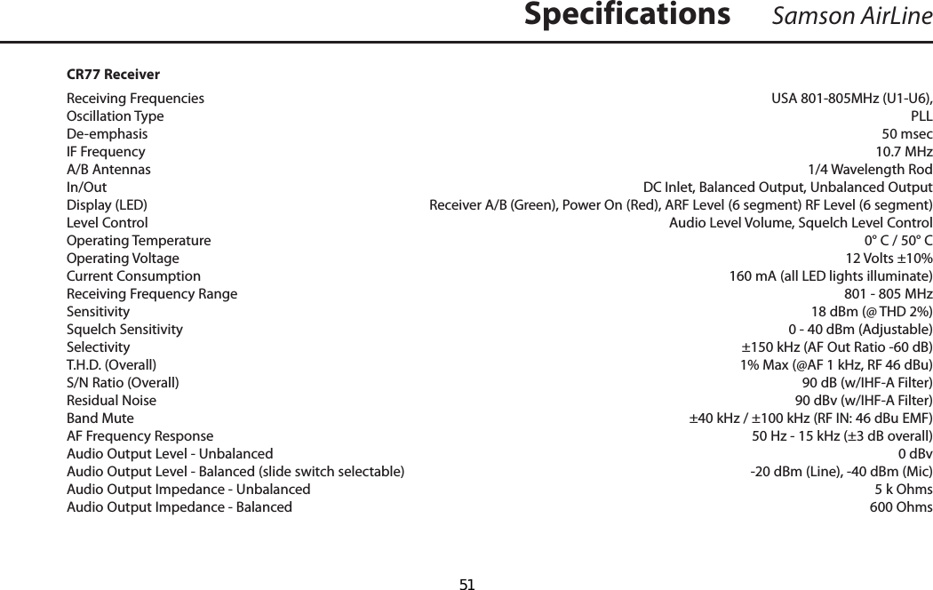CR77 ReceiverReceiving Frequencies    USA 801-805MHz (U1-U6), Oscillation Type    PLL De-emphasis    50 msecIF Frequency    10.7 MHzA/B Antennas    1/4 Wavelength RodIn/Out  DC Inlet, Balanced Output, Unbalanced OutputDisplay (LED)  Receiver A/B (Green), Power On (Red), ARF Level (6 segment) RF Level (6 segment)Level Control  Audio Level Volume, Squelch Level ControlOperating Temperature    0° C / 50° COperating Voltage      12 Volts ±10%Current Consumption      160 mA (all LED lights illuminate)Receiving Frequency Range    801 - 805 MHzSensitivity      18 dBm (@ THD 2%)Squelch Sensitivity      0 - 40 dBm (Adjustable)Selectivity    ±150 kHz (AF Out Ratio -60 dB)T.H.D. (Overall)    1% Max (@AF 1 kHz, RF 46 dBu)S/N Ratio (Overall)    90 dB (w/IHF-A Filter)Residual Noise    90 dBv (w/IHF-A Filter)Band Mute  ±40 kHz / ±100 kHz (RF IN: 46 dBu EMF)AF Frequency Response    50 Hz - 15 kHz (±3 dB overall)Audio Output Level - Unbalanced    0 dBvAudio Output Level - Balanced (slide switch selectable)  -20 dBm (Line), -40 dBm (Mic)Audio Output Impedance - Unbalanced    5 k OhmsAudio Output Impedance - Balanced   600 OhmsSamson AirLineSpecifications  51