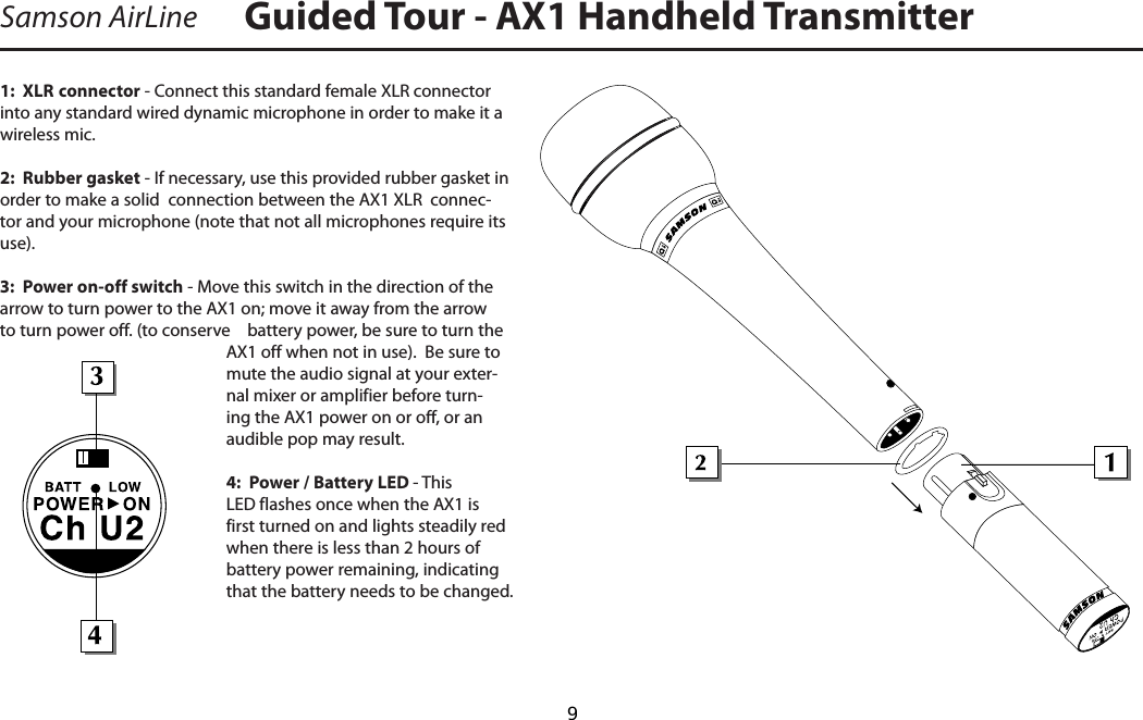 1:  XLR connector - Connect this standard female XLR connector into any standard wired dynamic microphone in order to make it a wireless mic.  2:  Rubber gasket - If necessary, use this provided rubber gasket in order to make a solid  connection between the AX1 XLR  connec-tor and your microphone (note that not all microphones require its use).3:  Power on-off switch - Move this switch in the direction of the arrow to turn power to the AX1 on; move it away from the arrow to turn power off. (to conserve    battery power, be sure to turn the AX1 off when not in use).  Be sure to mute the audio signal at your exter-nal mixer or amplifier before turn-ing the AX1 power on or off, or an audible pop may result.4:  Power / Battery LED - This LED flashes once when the AX1 is first turned on and lights steadily red when there is less than 2 hours of battery power remaining, indicating that the battery needs to be changed.Samson AirLine Guided Tour - AX1 Handheld TransmitterENGLISH  9