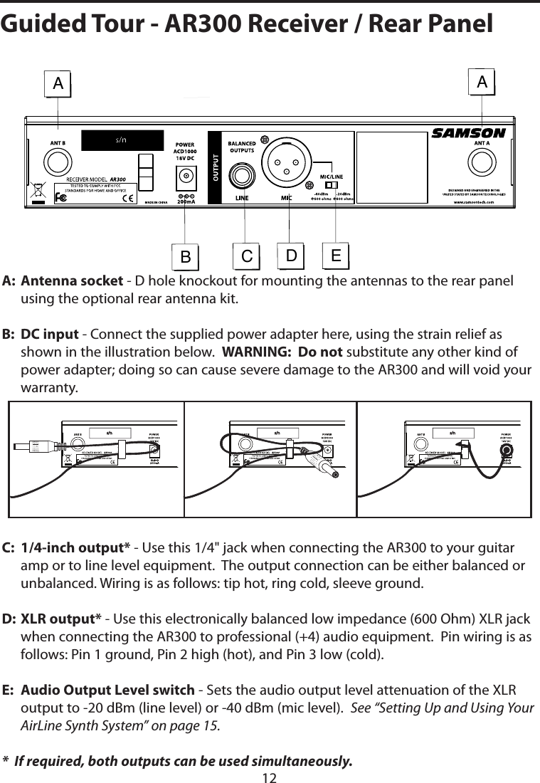 A:   Antenna socket - D hole knockout for mounting the antennas to the rear panel using the optional rear antenna kit.B:   DC input - Connect the supplied power adapter here, using the strain relief as shown in the illustration below.  WARNING:  Do not substitute any other kind of power adapter; doing so can cause severe damage to the AR300 and will void your  warranty.C:   1/4-inch output* - Use this 1/4&quot; jack when connecting the AR300 to your guitar amp or to line level equipment.  The output connection can be either balanced or unbalanced. Wiring is as follows: tip hot, ring cold, sleeve ground.D:   XLR output* - Use this electronically balanced low impedance (600 Ohm) XLR jack when connecting the AR300 to professional (+4) audio equipment.  Pin wiring is as follows: Pin 1 ground, Pin 2 high (hot), and Pin 3 low (cold).E:   Audio Output Level switch - Sets the audio output level attenuation of the XLR output to -20 dBm (line level) or -40 dBm (mic level).  See “Setting Up and Using Your AirLine Synth System” on page 15.*  If required, both outputs can be used simultaneously.ABDAECGuided Tour - AR300 Receiver / Rear Panel- 12