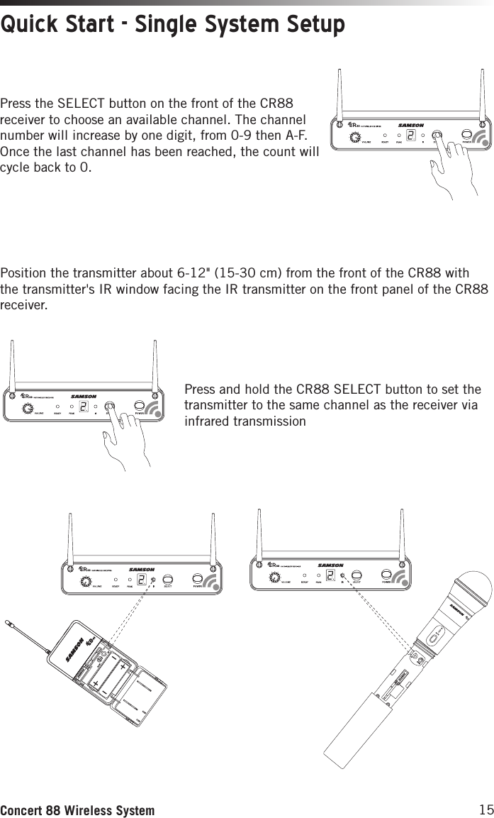 15Concert 88 Wireless SystemQuick Start - Single System SetupThis device complies with Part 15 of the FCC Rules. Operation is subject to the following two conditions:(1) This device may not cause harmful        interference, and(2) this device must accept any        interference received, including       interference that may cause       undesired operation.  FREQ:542-566MHzThis device complies with Part 15 of the FCC Rules. Operation is subject to the following two conditions:(1) This device may not cause harmful        interference, and(2) this device must accept any        interference received, including       interference that may cause       undesired operation.  FREQ:542-566MHz3. Plug in receiver 4. Turn on receiver 5. Plug receiver into audio system 6. Press Select button to change channel 9. Press and hold SELECT button to IR set 10. Adjust Volume control7. Install batteries 8. Press button on transmitter to turn on9. Press and hold Select button to IR set7. Install batteries 8. Turn on belt pack transmitterThis device complies with Part 15 of the FCC Rules. Operation is subject to the following two conditions:(1) This device may not cause harmful        interference, and(2) this device must accept any        interference received, including       interference that may cause       undesired operation.  FREQ:542-566MHzThis device complies with Part 15 of the FCC Rules. Operation is subject to the following two conditions:(1) This device may not cause harmful        interference, and(2) this device must accept any        interference received, including       interference that may cause       undesired operation.  FREQ:542-566MHz3. Plug in receiver 4. Turn on receiver 5. Plug receiver into audio system 6. Press Select button to change channel 9. Press and hold SELECT button to IR set 10. Adjust Volume control7. Install batteries 8. Press button on transmitter to turn on9. Press and hold Select button to IR set7. Install batteries 8. Turn on belt pack transmitterPosition the transmitter about 6-12&quot; (15-30 cm) from the front of the CR88 with the transmitter&apos;s IR window facing the IR transmitter on the front panel of the CR88 receiver.This device complies with Part 15 of the FCC Rules. Operation is subject to the following two conditions:(1) This device may not cause harmful        interference, and(2) this device must accept any        interference received, including       interference that may cause       undesired operation.  FREQ:542-566MHzThis device complies with Part 15 of the FCC Rules. Operation is subject to the following two conditions:(1) This device may not cause harmful        interference, and(2) this device must accept any        interference received, including       interference that may cause       undesired operation.  FREQ:542-566MHz3. Plug in receiver 4. Turn on receiver 5. Plug receiver into audio system 6. Press Select button to change channel 9. Press and hold SELECT button to IR set 10. Adjust Volume control7. Install batteries 8. Press button on transmitter to turn on9. Press and hold Select button to IR set7. Install batteries 8. Turn on belt pack transmitterThis device complies with Part 15 of the FCC Rules. Operation is subject to the following two conditions:(1) This device may not cause harmful        interference, and(2) this device must accept any        interference received, including       interference that may cause       undesired operation.  FREQ:542-566MHzThis device complies with Part 15 of the FCC Rules. Operation is subject to the following two conditions:(1) This device may not cause harmful        interference, and(2) this device must accept any        interference received, including       interference that may cause       undesired operation.  FREQ:542-566MHz3. Plug in receiver 4. Turn on receiver 5. Plug receiver into audio system 6. Press Select button to change channel 9. Press and hold SELECT button to IR set 10. Adjust Volume control7. Install batteries 8. Press button on transmitter to turn on9. Press and hold Select button to IR set7. Install batteries 8. Turn on belt pack transmitterPress and hold the CR88 SELECT button to set the transmitter to the same channel as the receiver via infrared transmissionPress the SELECT button on the front of the CR88 receiver to choose an available channel. The channel number will increase by one digit, from 0-9 then A-F. Once the last channel has been reached, the count will cycle back to 0. 