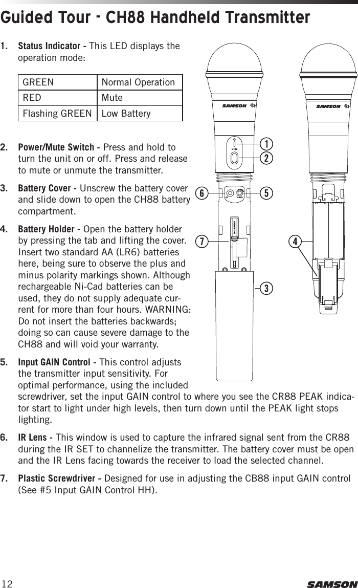 121.  Status Indicator - This LED displays the operation mode:  GREEN Normal OperationRED MuteFlashing GREEN Low Battery2.  Power/Mute Switch - Press and hold to turn the unit on or off. Press and release to mute or unmute the transmitter. 3.  Battery Cover - Unscrew the battery cover and slide down to open the CH88 battery compartment.4.  Battery Holder - Open the battery holder by pressing the tab and lifting the cover. Insert two standard AA (LR6) batteries here, being sure to observe the plus and minus polarity markings shown. Although rechargeable Ni-Cad batteries can be used, they do not supply adequate cur-rent for more than four hours. WARNING: Do not insert the batteries backwards; doing so can cause severe damage to the CH88 and will void your warranty.5.  Input GAIN Control - This control adjusts the transmitter input sensitivity. For optimal performance, using the included screwdriver, set the input GAIN control to where you see the CR88 PEAK indica-tor start to light under high levels, then turn down until the PEAK light stops lighting. 6.  IR Lens - This window is used to capture the infrared signal sent from the CR88 during the IR SET to channelize the transmitter. The battery cover must be open and the IR Lens facing towards the receiver to load the selected channel. 7.  Plastic Screwdriver - Designed for use in adjusting the CB88 input GAIN control (See #5 Input GAIN Control HH).Guided Tour - CH88 Handheld Transmitter