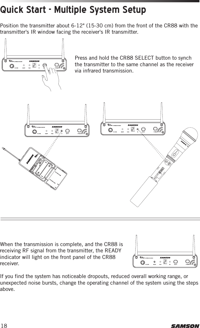 18Position the transmitter about 6-12&quot; (15-30 cm) from the front of the CR88 with the transmitter&apos;s IR window facing the receiver&apos;s IR transmitter.This device complies with Part 15 of the FCC Rules. Operation is subject to the following two conditions:(1) This device may not cause harmful        interference, and(2) this device must accept any        interference received, including       interference that may cause       undesired operation.  FREQ:542-566MHzThis device complies with Part 15 of the FCC Rules. Operation is subject to the following two conditions:(1) This device may not cause harmful        interference, and(2) this device must accept any        interference received, including       interference that may cause       undesired operation.  FREQ:542-566MHz3. Plug in receiver 4. Turn on receiver 5. Plug receiver into audio system 6. Press Select button to change channel 9. Press and hold SELECT button to IR set 10. Adjust Volume control7. Install batteries 8. Press button on transmitter to turn on9. Press and hold Select button to IR set7. Install batteries 8. Turn on belt pack transmitterThis device complies with Part 15 of the FCC Rules. Operation is subject to the following two conditions:(1) This device may not cause harmful        interference, and(2) this device must accept any        interference received, including       interference that may cause       undesired operation.  FREQ:542-566MHzThis device complies with Part 15 of the FCC Rules. Operation is subject to the following two conditions:(1) This device may not cause harmful        interference, and(2) this device must accept any        interference received, including       interference that may cause       undesired operation.  FREQ:542-566MHz3. Plug in receiver 4. Turn on receiver 5. Plug receiver into audio system 6. Press Select button to change channel 9. Press and hold SELECT button to IR set 10. Adjust Volume control7. Install batteries 8. Press button on transmitter to turn on9. Press and hold Select button to IR set7. Install batteries 8. Turn on belt pack transmitterThis device complies with Part 15 of the FCC Rules. Operation is subject to the following two conditions:(1) This device may not cause harmful        interference, and(2) this device must accept any        interference received, including       interference that may cause       undesired operation.  FREQ:542-566MHzThis device complies with Part 15 of the FCC Rules. Operation is subject to the following two conditions:(1) This device may not cause harmful        interference, and(2) this device must accept any        interference received, including       interference that may cause       undesired operation.  FREQ:542-566MHz3. Plug in receiver 4. Turn on receiver 5. Plug receiver into audio system 6. Press Select button to change channel 9. Press and hold SELECT button to IR set 10. Adjust Volume control7. Install batteries 8. Press button on transmitter to turn on9. Press and hold Select button to IR set7. Install batteries 8. Turn on belt pack transmitterWhen the transmission is complete, and the CR88 is receiving RF signal from the transmitter, the READY indicator will light on the front panel of the CR88 receiver. If you find the system has noticeable dropouts, reduced overall working range, or unexpected noise bursts, change the operating channel of the system using the steps above. This device complies with Part 15 of the FCC Rules. Operation is subject to the following two conditions:(1) This device may not cause harmful        interference, and(2) this device must accept any        interference received, including       interference that may cause       undesired operation.  FREQ:542-566MHzThis device complies with Part 15 of the FCC Rules. Operation is subject to the following two conditions:(1) This device may not cause harmful        interference, and(2) this device must accept any        interference received, including       interference that may cause       undesired operation.  FREQ:542-566MHz3. Plug in receiver 4. Turn on receiver 5. Plug receiver into audio system 6. Press Select button to change channel 9. Press and hold SELECT button to IR set 10. Adjust Volume control7. Install batteries 8. Press button on transmitter to turn on9. Press and hold Select button to IR set7. Install batteries 8. Turn on belt pack transmitterQuick Start - Multiple System SetupPress and hold the CR88 SELECT button to synch the transmitter to the same channel as the receiver via infrared transmission.