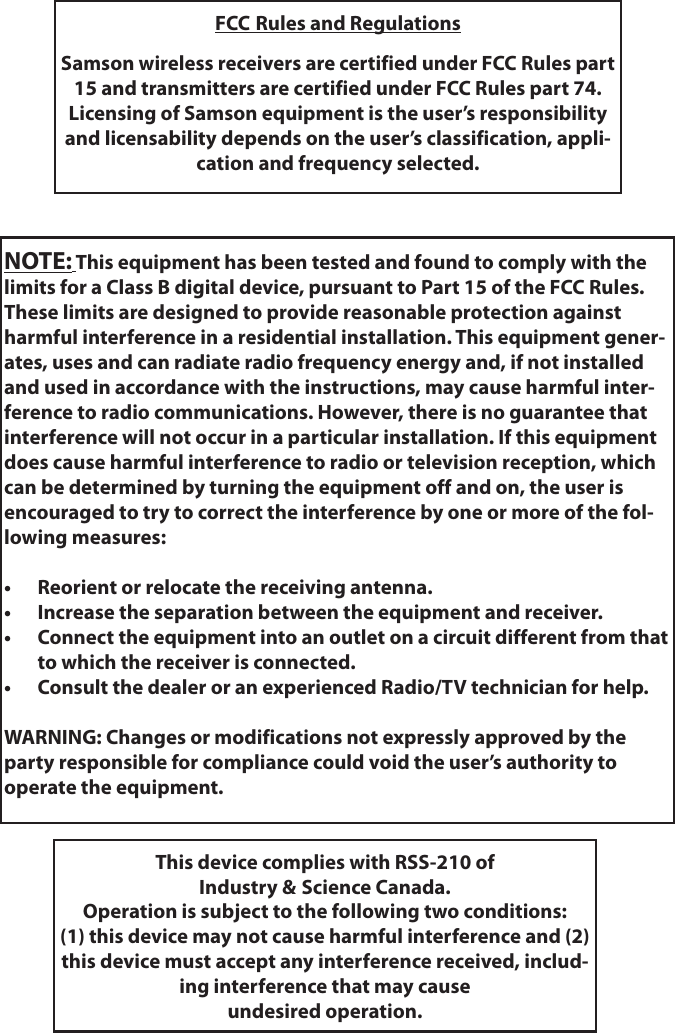 FCC Rules and RegulationsSamson wireless receivers are certified under FCC Rules part 15 and transmitters are certified under FCC Rules part 74.Licensing of Samson equipment is the user’s responsibility and licensability depends on the user’s classification, appli-cation and frequency selected.This device complies with RSS-210 ofIndustry &amp; Science Canada.Operation is subject to the following two conditions:(1) this device may not cause harmful interference and (2) this device must accept any interference received, includ-ing interference that may cause undesired operation.NOTE: This equipment has been tested and found to comply with the limits for a Class B digital device, pursuant to Part 15 of the FCC Rules. These limits are designed to provide reasonable protection against harmful interference in a residential installation. This equipment gener-ates, uses and can radiate radio frequency energy and, if not installed and used in accordance with the instructions, may cause harmful inter-ference to radio communications. However, there is no guarantee that interference will not occur in a particular installation. If this equipment does cause harmful interference to radio or television reception, which can be determined by turning the equipment off and on, the user is encouraged to try to correct the interference by one or more of the fol-lowing measures:•  Reorient or relocate the receiving antenna.•  Increase the separation between the equipment and receiver.•   Connect the equipment into an outlet on a circuit different from that to which the receiver is connected.•   Consult the dealer or an experienced Radio/TV technician for help.WARNING: Changes or modifications not expressly approved by the party responsible for compliance could void the user’s authority to operate the equipment.