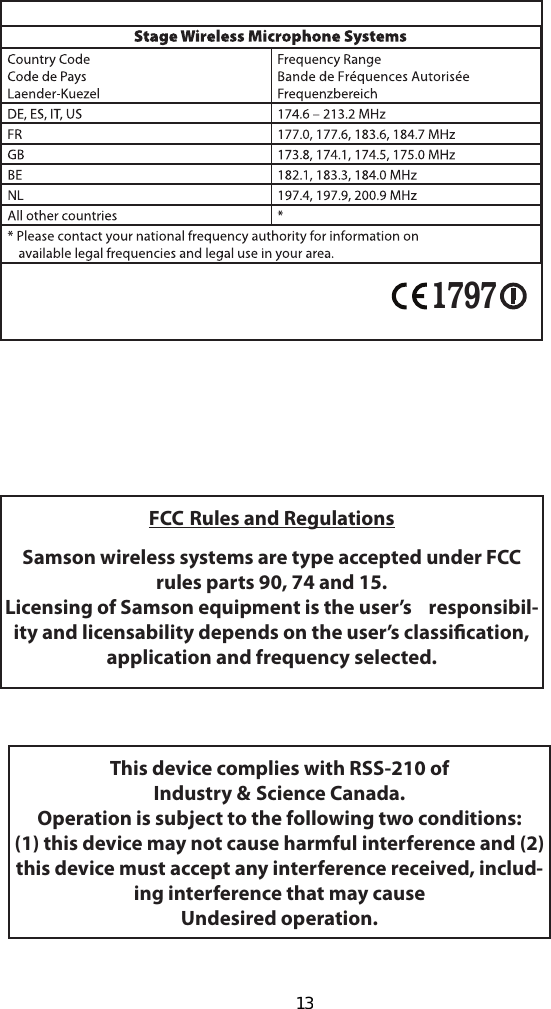 FCC Rules and RegulationsSamson wireless systems are type accepted under FCC rules parts 90, 74 and 15.Licensing of Samson equipment is the user’s    responsibil-ity and licensability depends on the user’s classication, application and frequency selected.This device complies with RSS-210 ofIndustry &amp; Science Canada.Operation is subject to the following two conditions:(1) this device may not cause harmful interference and (2) this device must accept any interference received, includ-ing interference that may cause Undesired operation.179713