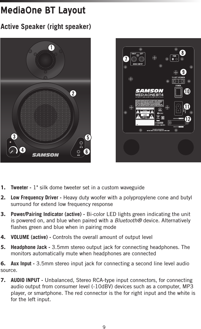 9MediaOne BT LayoutTHIS DEVICE COMPLIES WITH PART 15 OF THE FCC RULES. OPERATION IS SUBJECT TO THE FOLLOWING TWO CONDITIONS: (1) THIS DEVICE MUST NOT CAUSE HARMFUL INTERFERENCE, AND (2) THIS DEVICE MUST ACCEPT ANY INTERFERENCE RECEIVED, INCLUDING INTERFERENCE THAT MAY CAUSE UNDESIRED OPERATION. SUITABLE FOR HOME OR OFFICE USE. 1.   Tweeter  - 1&quot; silk dome tweeter set in a custom waveguide2.   Low Frequency Driver - Heavy duty woofer with a polypropylene cone and butyl surround for extend low frequency response3.   Power/Pairing Indicator (active) - Bi-color LED lights green indicating the unit is powered on, and blue when paired with a Bluetooth® device. Alternatively flashes green and blue when in pairing mode4.  VOLUME (active) - Controls the overall amount of output level5.   Headphone Jack - 3.5mm stereo output jack for connecting headphones. The monitors automatically mute when headphones are connected 6.  Aux Input - 3.5mm stereo input jack for connecting a second line level audio source.7.   AUDIO INPUT - Unbalanced, Stereo RCA-type input connectors, for connecting audio output from consumer level (-10dBV) devices such as a computer, MP3 player, or smartphone. The red connector is the for right input and the white is for the left input.Active Speaker (right speaker)