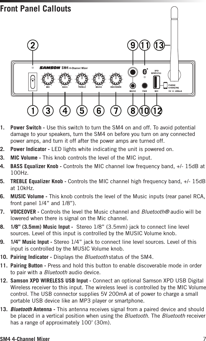 SM4 4-Channel Mixer 71.  Power Switch - Use this switch to turn the SM4 on and off. To avoid potential damage to your speakers, turn the SM4 on before you turn on any connected power amps, and turn it off after the power amps are turned off.2.  Power Indicator - LED lights white indicating the unit is powered on.3.  MIC Volume - This knob controls the level of the MIC input. 4.  BASS Equalizer Knob - Controls the MIC channel low frequency band, +/- 15dB at 100Hz.5.  TREBLE Equalizer Knob - Controls the MIC channel high frequency band, +/- 15dB at 10kHz.6.  MUSIC Volume - This knob controls the level of the Music inputs (rear panel RCA, front panel 1/4” and 1/8”). 7.  VOICEOVER - Controls the level the Music channel and Bluetooth® audio will be lowered when there is signal on the Mic channel.8.  1/8” (3.5mm) Music Input -  Stereo 1/8” (3.5mm) jack to connect line level sources. Level of this input is controlled by the MUSIC Volume knob.9.  1/4” Music Input - Stereo 1/4” jack to connect line level sources. Level of this input is controlled by the MUSIC Volume knob.10.  Pairing Indicator - Displays the Bluetooth status of the SM4.11.  Pairing Button - Press and hold this button to enable discoverable mode in order to pair with a Bluetooth audio device. 12.  Samson XPD WIRELESS USB Input - Connect an optional Samson XPD USB Digital Wireless receiver to this input. The wireless level is controlled by the MIC Volume control. The USB connector supplies 5V 200mA at of power to charge a small portable USB device like an MP3 player or smartphone. 13.  Bluetooth Antenna - This antenna receives signal from a paired device and should be placed in a vertical position when using the Bluetooth. The Bluetooth receiver has a range of approximately 100’ (30m). Front Panel Callouts