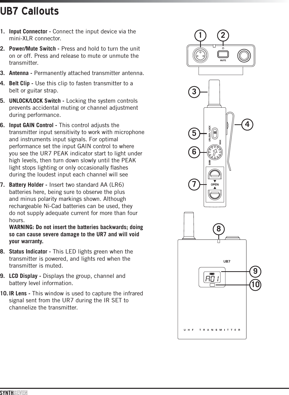 UB7 Callouts1. Input Connector - Connect the input device via themini-XLR connector.2. Power/Mute Switch - Press and hold to turn the uniton or off. Press and release to mute or unmute thetransmitter.3. Antenna - Permanently attached transmitter antenna.4. Belt Clip - Use this clip to fasten transmitter to abelt or guitar strap.5. UNLOCK/LOCK Switch - Locking the system controlsprevents accidental muting or channel adjustmentduring performance.6. Input GAIN Control - This control adjusts thetransmitter input sensitivity to work with microphoneand instruments input signals. For optimalperformance set the input GAIN control to whereyou see the UR7 PEAK indicator start to light underhigh levels, then turn down slowly until the PEAKlight stops lighting or only occasionally ﬂashesduring the loudest input each channel will see7. Battery Holder - Insert two standard AA (LR6)batteries here, being sure to observe the plusand minus polarity markings shown. Althoughrechargeable Ni-Cad batteries can be used, theydo not supply adequate current for more than fourhours.WARNING: Do not insert the batteries backwards; doingso can cause severe damage to the UR7 and will voidyour warranty.8. Status Indicator - This LED lights green when thetransmitter is powered, and lights red when thetransmitter is muted.9. LCD Display - Displays the group, channel andbattery level information.10. IR Lens - This window is used to capture the infraredsignal sent from the UR7 during the IR SET tochannelize the transmitter.1 2567348910