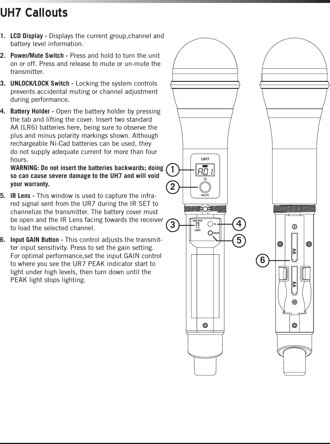 1. LCD Display - Displays the current group,channel andbattery level information.2. Power/Mute Switch - Press and hold to turn the uniton or off. Press and release to mute or un-mute thetransmitter.3. UNLOCK/LOCK Switch - Locking the system controlsprevents accidental muting or channel adjustmentduring performance.4. Battery Holder - Open the battery holder by pressingthe tab and lifting the cover. Insert two standardAA (LR6) batteries here, being sure to observe theplus and minus polarity markings shown. Althoughrechargeable Ni-Cad batteries can be used, theydo not supply adequate current for more than fourhours.WARNING: Do not insert the batteries backwards; doingso can cause severe damage to the UH7 and will voidyour warranty.5. IR Lens - This window is used to capture the infra-red signal sent from the UR7 during the IR SET tochannelize the transmitter. The battery cover mustbe open and the IR Lens facing towards the receiverto load the selected channel.6. Input GAIN Button - This control adjusts the transmit-ter input sensitivity. Press to set the gain setting.For optimal performance,set the input GAIN controlto where you see the UR7 PEAK indicator start tolight under high levels, then turn down until thePEAK light stops lighting.UH7 Callouts123465