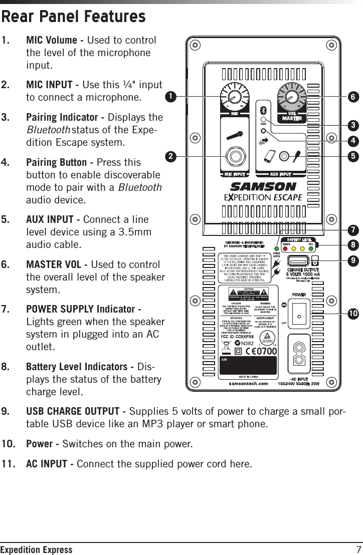 7Expedition ExpressRear Panel Features1.  MIC Volume - Used to controlthe level of the microphoneinput.2.  MIC INPUT - Use this 1⁄4&quot; inputto connect a microphone.3.  Pairing Indicator - Displays theBluetooth status of the Expe-dition Escape system.4.  Pairing Button - Press thisbutton to enable discoverablemode to pair with a Bluetoothaudio device.5.  AUX INPUT - Connect a linelevel device using a 3.5mmaudio cable.6.  MASTER VOL - Used to controlthe overall level of the speakersystem.7.  POWER SUPPLY Indicator -Lights green when the speakersystem in plugged into an ACoutlet.8.  Battery Level Indicators - Dis-plays the status of the batterycharge level.9.  USB CHARGE OUTPUT - Supplies 5 volts of power to charge a small por-table USB device like an MP3 player or smart phone.10.  Power - Switches on the main power.11.   AC INPUT - Connect the supplied power cord here.21347589106