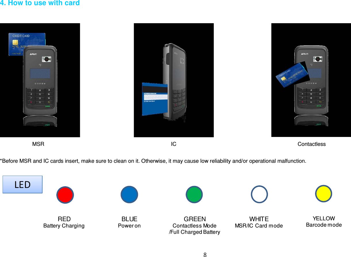 8  4. How to use with card                                    MSR                                               IC                                             Contactless      *Before MSR and IC cards insert, make sure to clean on it. Otherwise, it may cause low reliability and/or operational malfunction.  LEDREDBattery ChargingBLUEPower onGREENContactless Mode/Full Charged BatteryWHITEMSR/IC Card modeYEL LOWBarcode mode