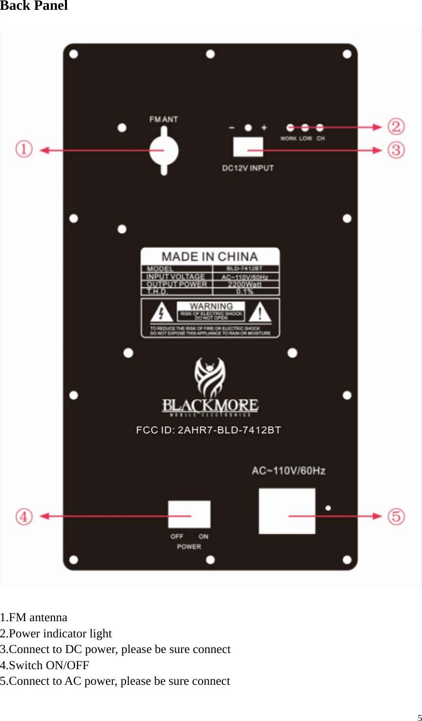 5Back Panel1.FM antenna2.Power indicator light3.Connect to DC power, please be sure connect4.Switch ON/OFF5.Connect to AC power, please be sure connect