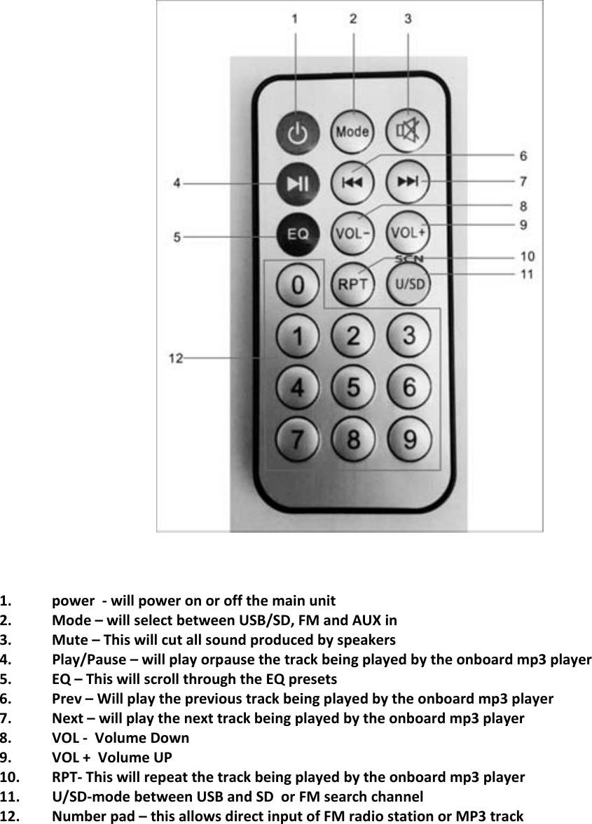 1. power ‐ will power on or offthe main unit2. Mode – will select between USB/SD, FM and AUX in3. Mute–This will cut all sound produced by speakers4. Play/Pause–will play orpause the track being played by the onboard mp3 player5. EQ–This will scroll through the EQ presets6. Prev – Will play the previous track being played by the onboard mp3 player7. Next – will play the next track being played by the onboard mp3 player8. VOL ‐ Volume Down9. VOL + Volume UP10. RPT‐ This will repeat the track being played by the onboard mp3 player11. U/SD‐modebetweenUSBandSD orFMsearchchannel12. Number pad – this allows direct input of FM radio station or MP3 track