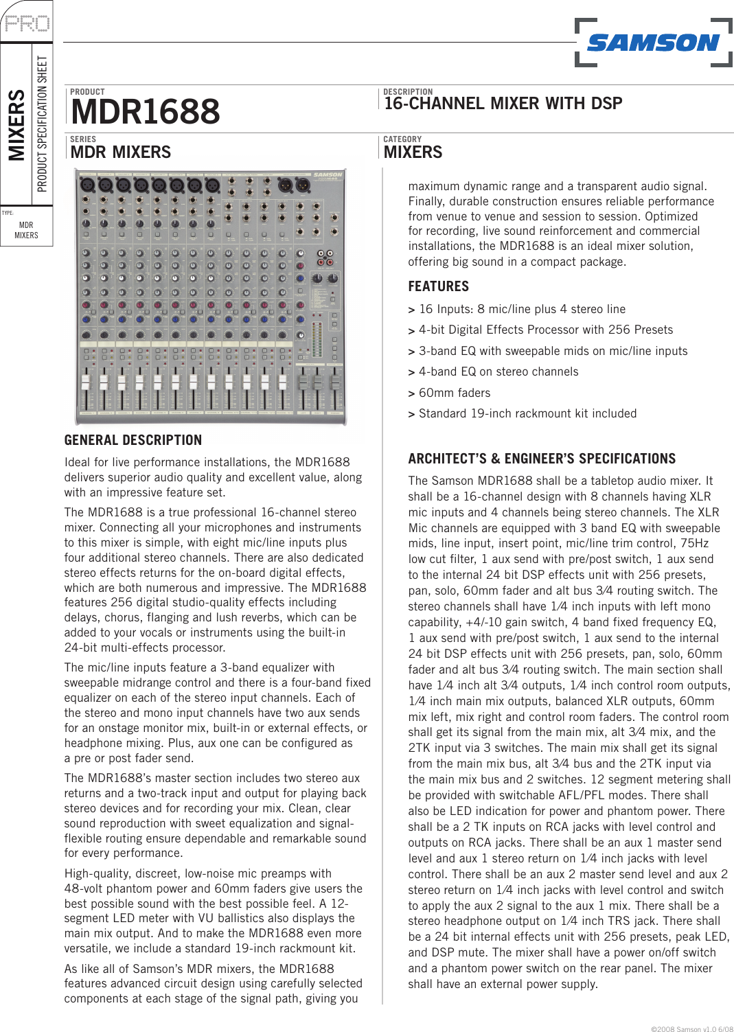 Page 1 of 2 - Samson Samson-16-Channel-Mixer-With-Dsp-Mdr1688-Users-Manual-  Samson-16-channel-mixer-with-dsp-mdr1688-users-manual