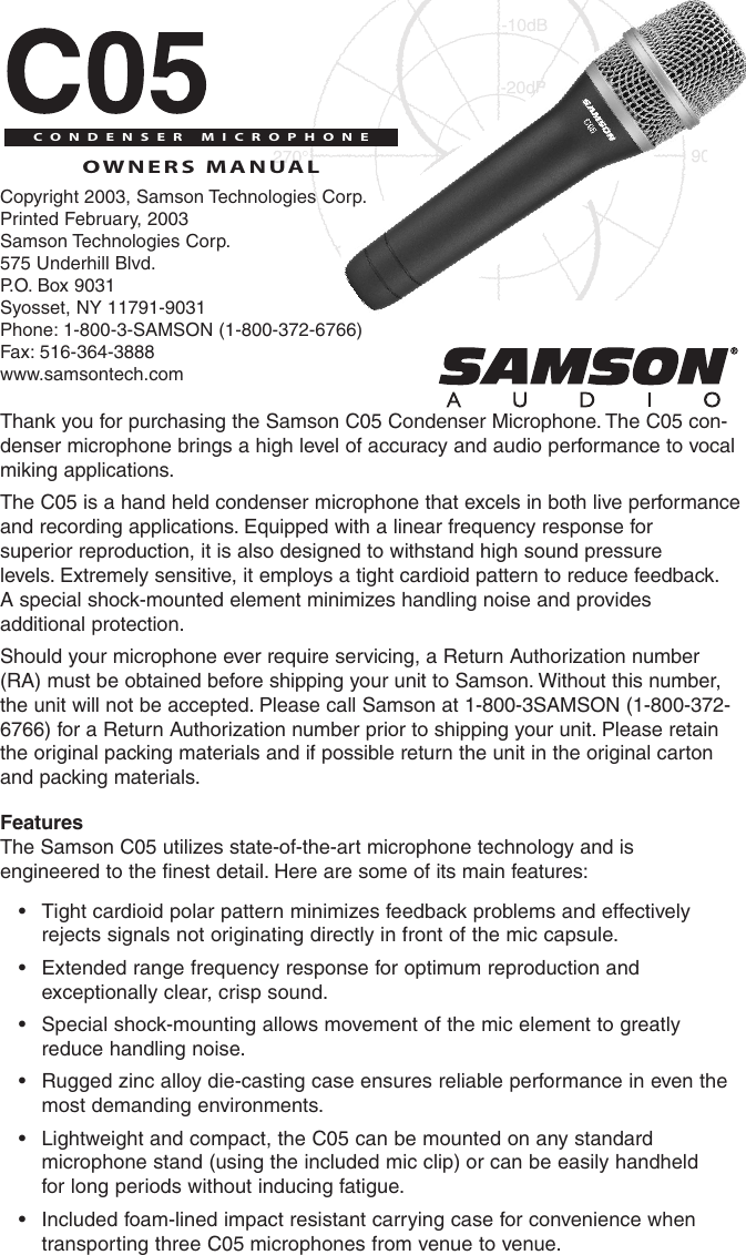 Page 1 of 4 - Samson Samson-Condenser-Microphone-Co5-Users-Manual- C05_ownman Samson-condenser-microphone-co5-users-manual