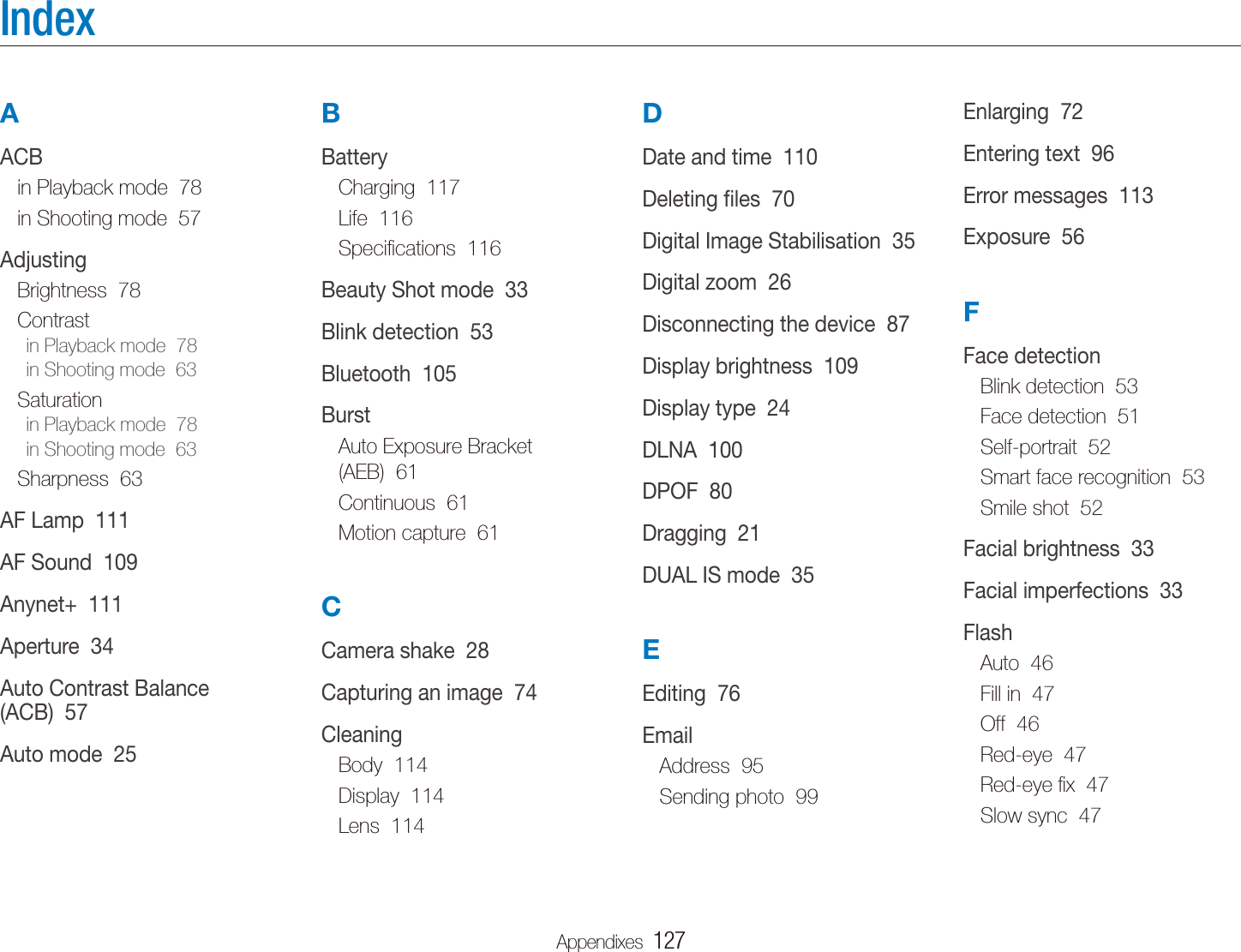 Appendixes  127Enlarging  72Entering text  96Error messages  113Exposure  56FFace detectionBlink detection  53Face detection  51Self-portrait  52Smart face recognition  53Smile shot  52Facial brightness  33Facial imperfections  33FlashAuto  46Fill in  47Off  46Red-eye  47Red-eye ﬁx  47Slow sync  47DDate and time  110Deleting ﬁles  70Digital Image Stabilisation  35Digital zoom  26Disconnecting the device  87Display brightness  109Display type  24DLNA  100DPOF  80Dragging  21DUAL IS mode  35EEditing  76EmailAddress  95Sending photo  99BBatteryCharging  117Life  116Speciﬁcations  116Beauty Shot mode  33Blink detection  53Bluetooth  105BurstAuto Exposure Bracket  (AEB)  61Continuous  61Motion capture  61CCamera shake  28Capturing an image  74CleaningBody  114Display  114Lens  114AACBin Playback mode  78in Shooting mode  57AdjustingBrightness  78Contrastin Playback mode  78in Shooting mode  63Saturationin Playback mode  78in Shooting mode  63Sharpness  63AF Lamp  111AF Sound  109Anynet+  111Aperture  34Auto Contrast Balance  (ACB)  57Auto mode  25Index