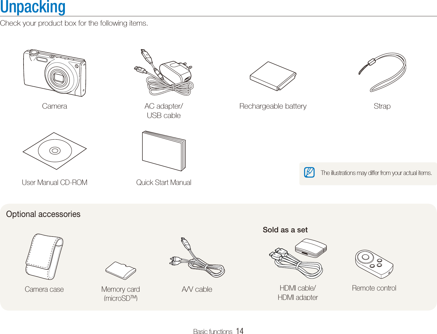 Basic functions  14UnpackingCheck your product box for the following items.Camera AC adapter/ USB cableRechargeable battery StrapUser Manual CD-ROM Quick Start ManualOptional accessoriesSold as a setHDMI cable/ HDMI adapterRemote controlCamera case Memory card(microSDTM)A/V cableThe illustrations may differ from your actual items.