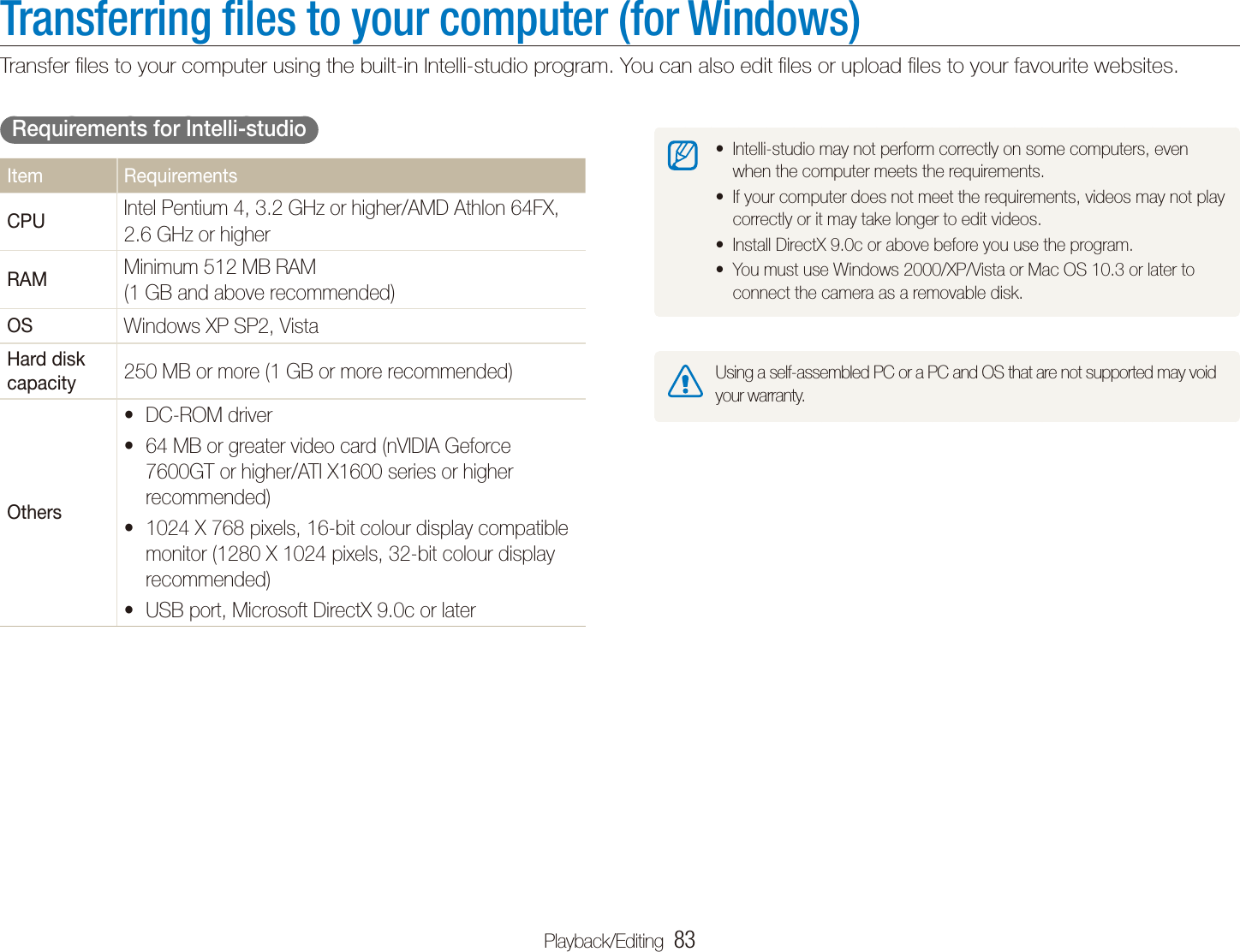Playback/Editing  83Transferring ﬁles to your computer (for Windows)Transfer ﬁles to your computer using the built-in Intelli-studio program. You can also edit ﬁles or upload ﬁles to your favourite websites.Intelli-studio may not perform correctly on some computers, even twhen the computer meets the requirements.If your computer does not meet the requirements, videos may not play tcorrectly or it may take longer to edit videos.Install DirectX 9.0c or above before you use the program.tYou must use Windows 2000/XP/Vista or Mac OS 10.3 or later to tconnect the camera as a removable disk.Using a self-assembled PC or a PC and OS that are not supported may void your warranty.  Requirements for Intelli-studio  Item RequirementsCPU Intel Pentium 4, 3.2 GHz or higher/AMD Athlon 64FX, 2.6 GHz or higherRAM Minimum 512 MB RAM  (1 GB and above recommended)OS Windows XP SP2, VistaHard diskcapacity 250 MB or more (1 GB or more recommended)OthersDC-ROM drivert64 MB or greater video card (nVIDIA Geforce t7600GT or higher/ATI X1600 series or higher recommended)1024 X 768 pixels, 16-bit colour display compatible tmonitor (1280 X 1024 pixels, 32-bit colour display recommended)USB port, Microsoft DirectX 9.0c or latert