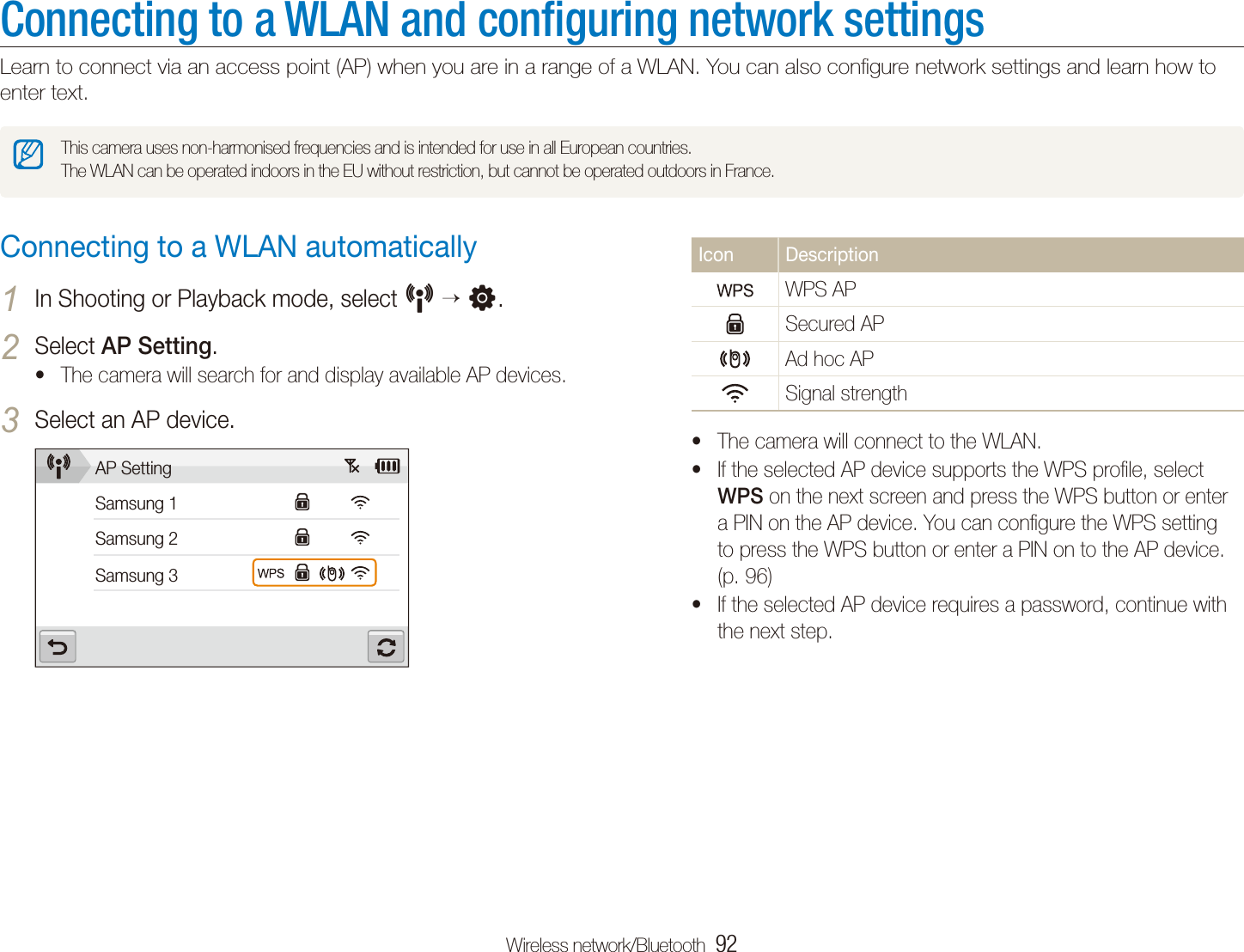 Wireless network/Bluetooth  92Icon DescriptionWPS APSecured APAd hoc APSignal strengthThe camera will connect to the WLAN.tIf the selected AP device supports the WPS proﬁle, select tWPS on the next screen and press the WPS button or enter a PIN on the AP device. You can conﬁgure the WPS setting to press the WPS button or enter a PIN on to the AP device. (p. 96)If the selected AP device requires a password, continue with tthe next step.Connecting to a WLAN automaticallyIn Shooting or Playback mode, select 1 N  n.Select 2 AP Setting.The camera will search for and display available AP devices.tSelect an AP device.3 AP SettingSamsung 1Samsung 2Samsung 3Connecting to a WLAN and conﬁguring network settingsLearn to connect via an access point (AP) when you are in a range of a WLAN. You can also conﬁgure network settings and learn how to enter text.This camera uses non-harmonised frequencies and is intended for use in all European countries. The WLAN can be operated indoors in the EU without restriction, but cannot be operated outdoors in France.