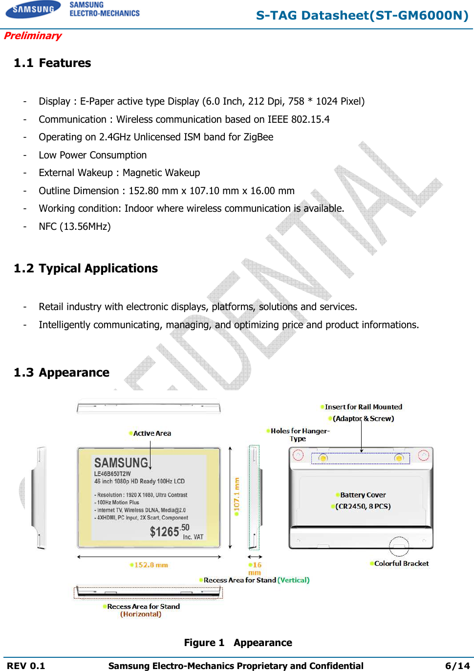  S-TAG Datasheet(ST-GM6000N) Preliminary REV 0.1  Samsung Electro-Mechanics Proprietary and Confidential 6/14   1.1 Features  - Display : E-Paper active type Display (6.0 Inch, 212 Dpi, 758 * 1024 Pixel) - Communication : Wireless communication based on IEEE 802.15.4 - Operating on 2.4GHz Unlicensed ISM band for ZigBee - Low Power Consumption - External Wakeup : Magnetic Wakeup - Outline Dimension : 152.80 mm x 107.10 mm x 16.00 mm  - Working condition: Indoor where wireless communication is available. - NFC (13.56MHz)  1.2 Typical Applications  - Retail industry with electronic displays, platforms, solutions and services. - Intelligently communicating, managing, and optimizing price and product informations.  1.3 Appearance    Figure 1   Appearance 