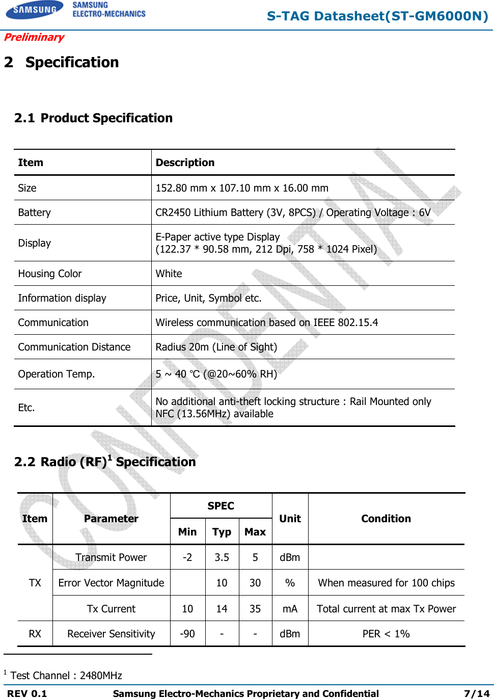  S-TAG Datasheet(ST-GM6000N) Preliminary REV 0.1  Samsung Electro-Mechanics Proprietary and Confidential 7/14   2 Specification  2.1 Product Specification  Item Description Size 152.80 mm x 107.10 mm x 16.00 mm Battery CR2450 Lithium Battery (3V, 8PCS) / Operating Voltage : 6V Display E-Paper active type Display (122.37 * 90.58 mm, 212 Dpi, 758 * 1024 Pixel) Housing Color White Information display Price, Unit, Symbol etc. Communication Wireless communication based on IEEE 802.15.4 Communication Distance Radius 20m (Line of Sight) Operation Temp.  5 ~ 40 ℃ (@20~60% RH) Etc. No additional anti-theft locking structure : Rail Mounted only NFC (13.56MHz) available  2.2 Radio (RF)1 Specification  Item Parameter SPEC Unit Condition Min Typ Max TX Transmit Power -2 3.5 5 dBm  Error Vector Magnitude  10 30 % When measured for 100 chips Tx Current 10 14 35 mA Total current at max Tx Power RX Receiver Sensitivity -90 - - dBm PER &lt; 1%                                                 1 Test Channel : 2480MHz 