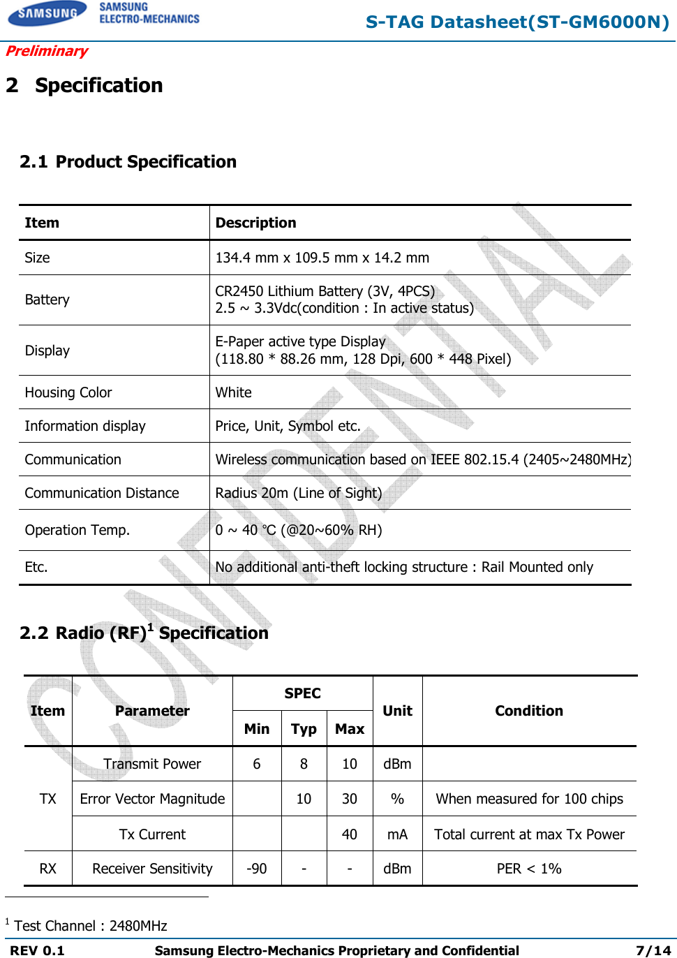 S-TAG Datasheet(ST-GM6000N) Preliminary REV 0.1  Samsung Electro-Mechanics Proprietary and Confidential 7/14 2 Specification 2.1 Product Specification Item Description Size 134.4 mm x 109.5 mm x 14.2 mm Battery CR2450 Lithium Battery (3V, 4PCS) 2.5 ~ 3.3Vdc(condition : In active status) Display E-Paper active type Display (118.80 * 88.26 mm, 128 Dpi, 600 * 448 Pixel) Housing Color White Information display Price, Unit, Symbol etc. Communication Wireless communication based on IEEE 802.15.4 (2405~2480MHz) Communication Distance Radius 20m (Line of Sight) Operation Temp.  0 ~ 40 ℃ (@20~60% RH)Etc. No additional anti-theft locking structure : Rail Mounted only 2.2 Radio (RF)1 Specification Item Parameter SPEC Unit Condition Min Typ Max TX Transmit Power 6 8 10 dBm Error Vector Magnitude 10 30 % When measured for 100 chips Tx Current 40 mA Total current at max Tx Power RX Receiver Sensitivity -90 - - dBm PER &lt; 1% 1 Test Channel : 2480MHz 