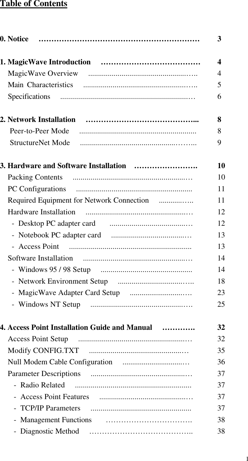 1Table of Contents0. Notice     ………………………………………………………       31. MagicWave Introduction     …………………………………   4    MagicWave Overview     ..................................................…..   4    Main Characteristics     ....................................................…..    5    Specifications     ................................................................…    62. Network Installation     ……………………………………...        8     Peer-to-Peer Mode     ...........................................................  8     StructureNet Mode     ................................................……... 93. Hardware and Software Installation    …………………….      10    Packing Contents     .........................................................…   10    PC Configurations     ...........................................................     11    Required Equipment for Network Connection     ............…..   11    Hardware Installation     ...................................................…    12      -  Desktop PC adapter card       ......................................…     12      -  Notebook PC adapter card     .....................................…     13      -  Access Point     ..............................................................     13    Software Installation     ....................................................…     14      -  Windows 95 / 98 Setup     ..............................................      14      -  Network Environment Setup     .................................…..   18      -  MagicWave Adapter Card Setup     ...........................….    23      -  Windows NT Setup     ...............................................….    254. Access Point Installation Guide and Manual     ………….32    Access Point Setup     ......................................................…      32    Modify CONFIG.TXT     ...............................................…      35    Null Modem Cable Configuration     ...............................…      36    Parameter Descriptions     ................................................…      37       -  Radio Related     ...........................................................      37       -  Access Point Features     ............................................…     37       -  TCP/IP Parameters     ...................................................      37       -  Management Functions       …………………………….      38       -  Diagnostic Method     …………………………………..     38