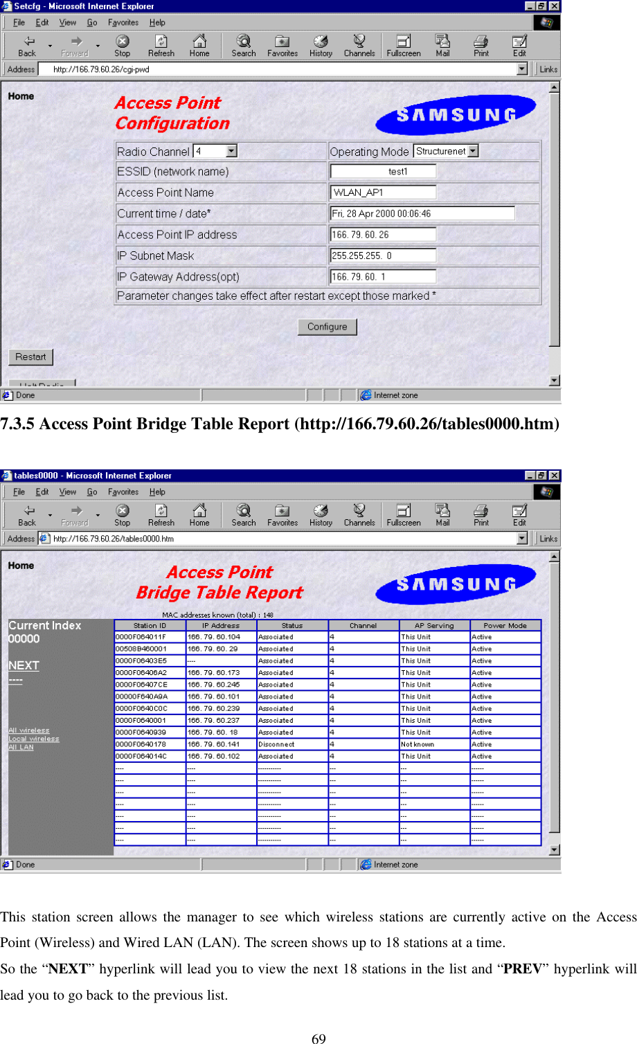 697.3.5 Access Point Bridge Table Report (http://166.79.60.26/tables0000.htm)This station screen allows the manager to see which wireless stations are currently active on the AccessPoint (Wireless) and Wired LAN (LAN). The screen shows up to 18 stations at a time.So the “NEXT” hyperlink will lead you to view the next 18 stations in the list and “PREV” hyperlink willlead you to go back to the previous list.